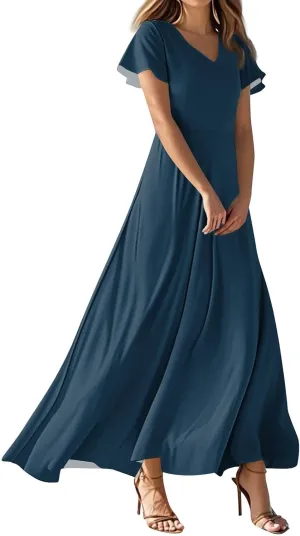 BAXLIMEK Maxi Dresses for Women,2025 Summer Trendy Floral Print V Neck Short Sleeve Beach Dress,Flowy Ruched Swing Boho Dress