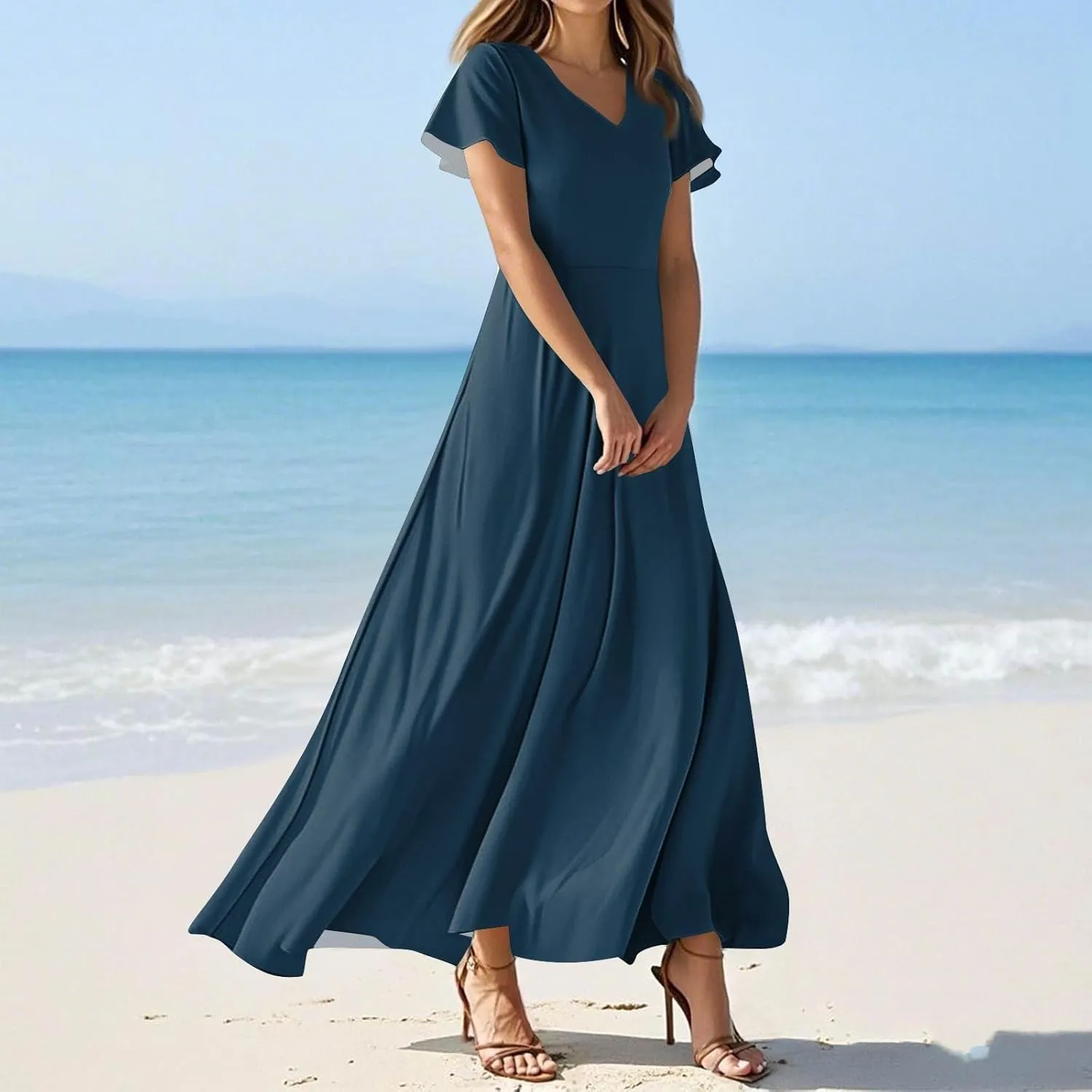 BAXLIMEK Maxi Dresses for Women,2025 Summer Trendy Floral Print V Neck Short Sleeve Beach Dress,Flowy Ruched Swing Boho Dress
