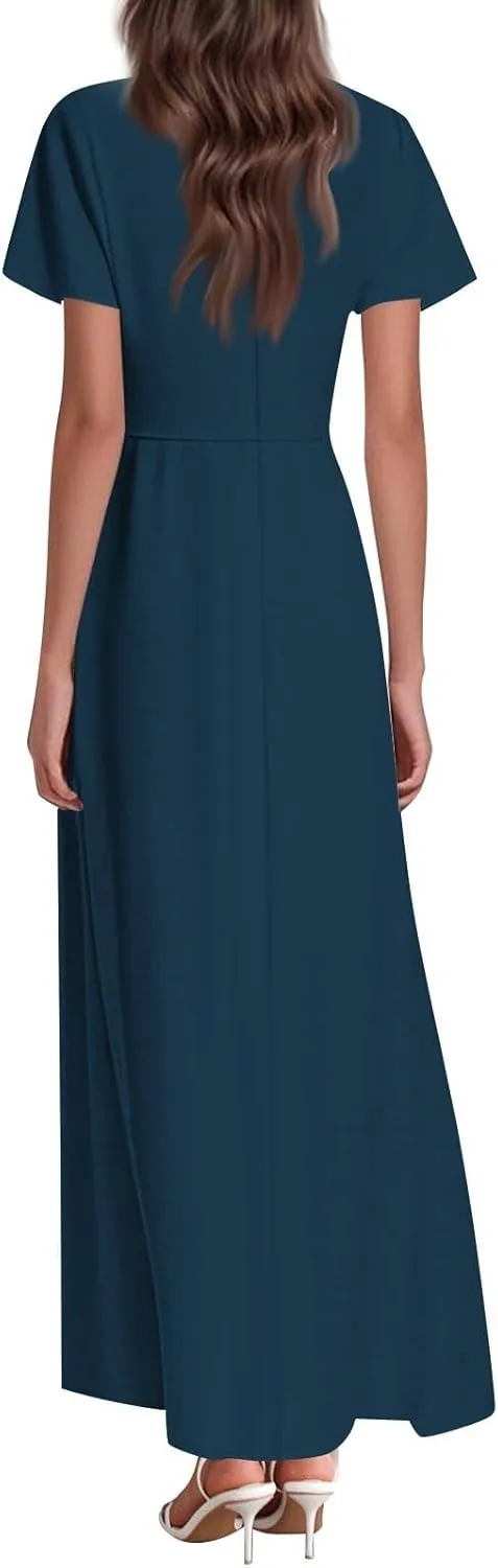 BAXLIMEK Maxi Dresses for Women,2025 Summer Trendy Floral Print V Neck Short Sleeve Beach Dress,Flowy Ruched Swing Boho Dress