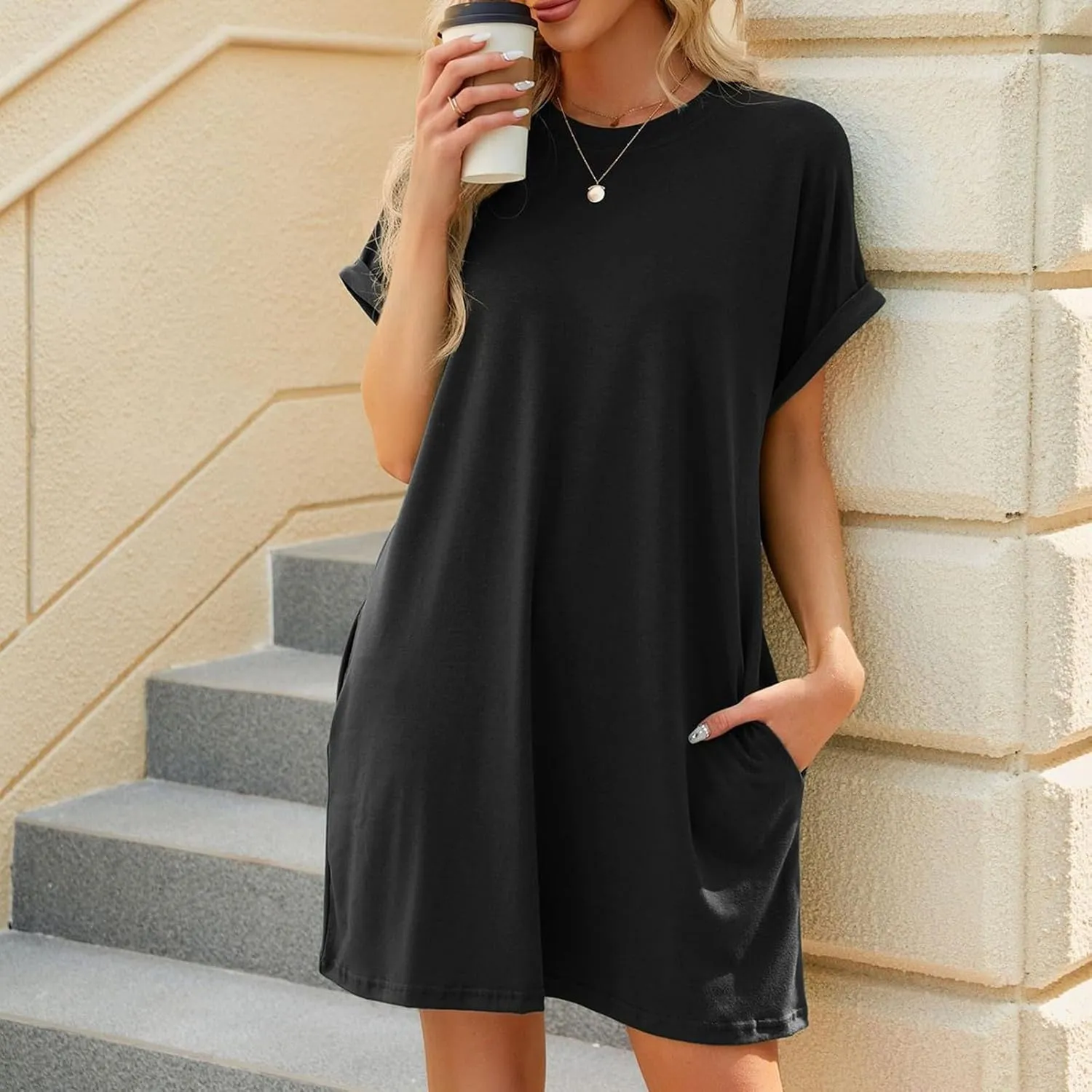 BAXLIMEK Mini Dresses for Women,2025 Spring Summer Casual Loose Crewneck Short Sleeve T Shirt Dress Plain/Print Beach Dress