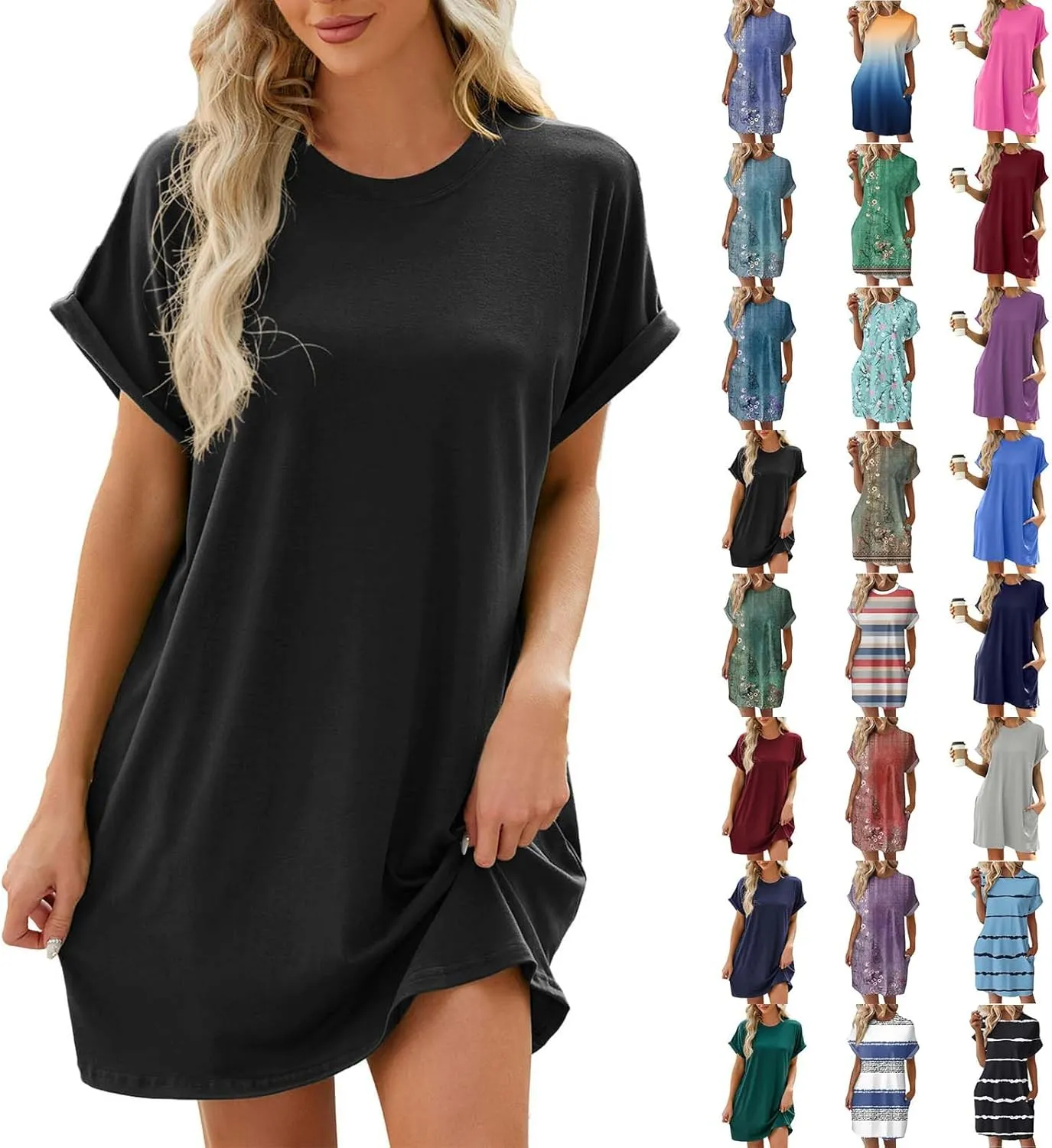 BAXLIMEK Mini Dresses for Women,2025 Spring Summer Casual Loose Crewneck Short Sleeve T Shirt Dress Plain/Print Beach Dress