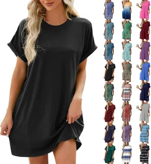 BAXLIMEK Mini Dresses for Women,2025 Spring Summer Casual Loose Crewneck Short Sleeve T Shirt Dress Plain/Print Beach Dress