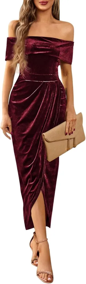 BAXLIMEK Velvet Dress for Women,2025 Elegant Sexy Bodycon Cocktail Dress Irregular Ruched Slit Hem Formal Wedding Guest Dress