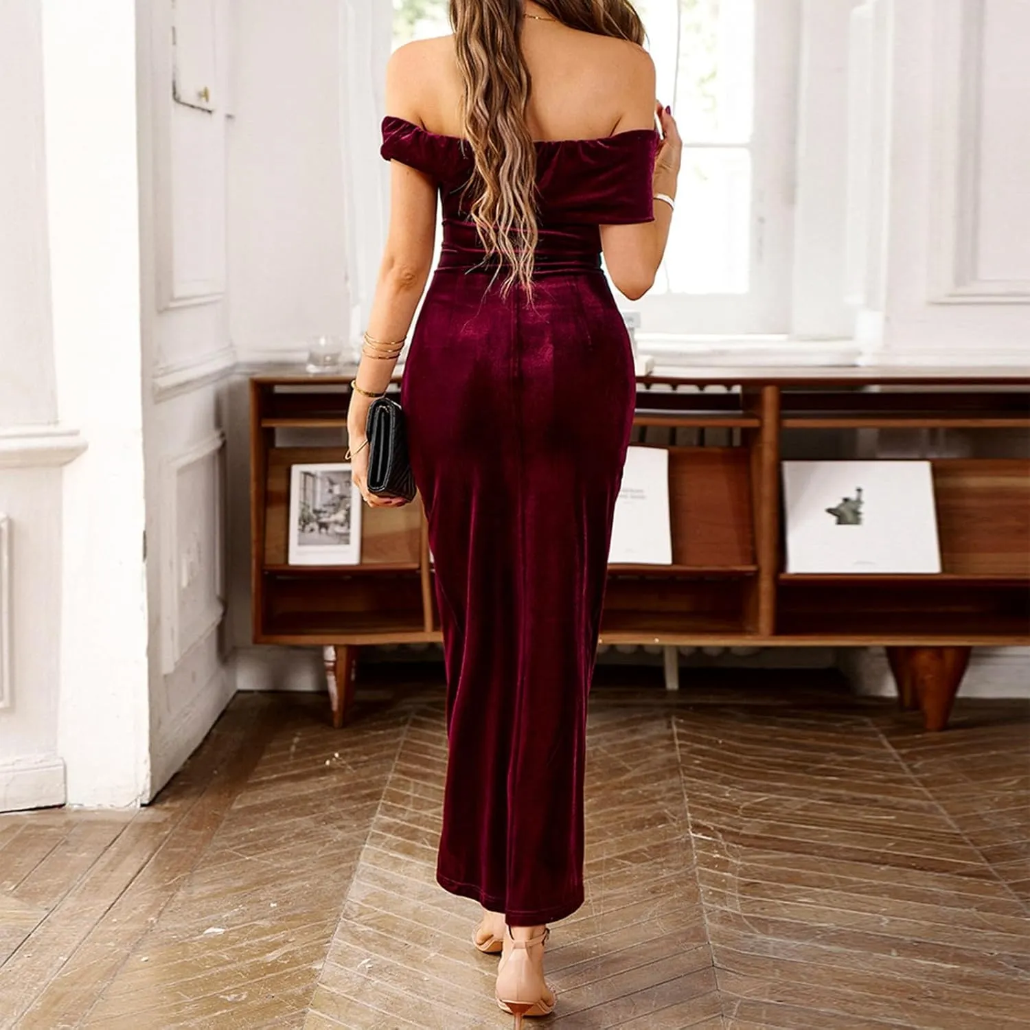 BAXLIMEK Velvet Dress for Women,2025 Elegant Sexy Bodycon Cocktail Dress Irregular Ruched Slit Hem Formal Wedding Guest Dress