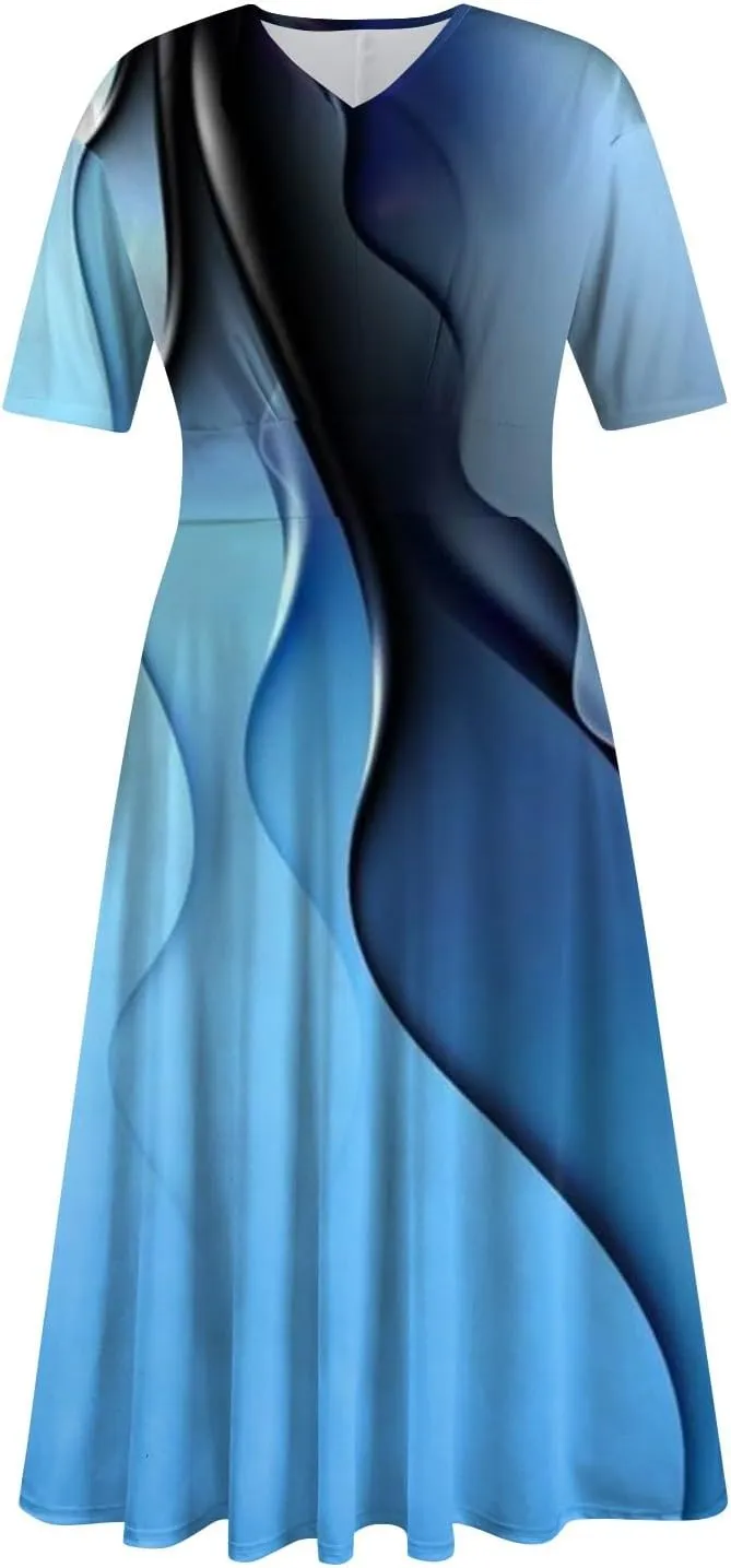 Beach Dresses for Women,2024 Summer Elegant Bodycon V Neck Short Sleeve Maxi Dress,Flowy Pleated Vacation Boho Dress
