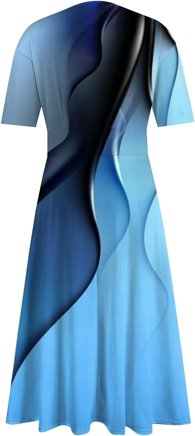 Beach Dresses for Women,2024 Summer Elegant Bodycon V Neck Short Sleeve Maxi Dress,Flowy Pleated Vacation Boho Dress