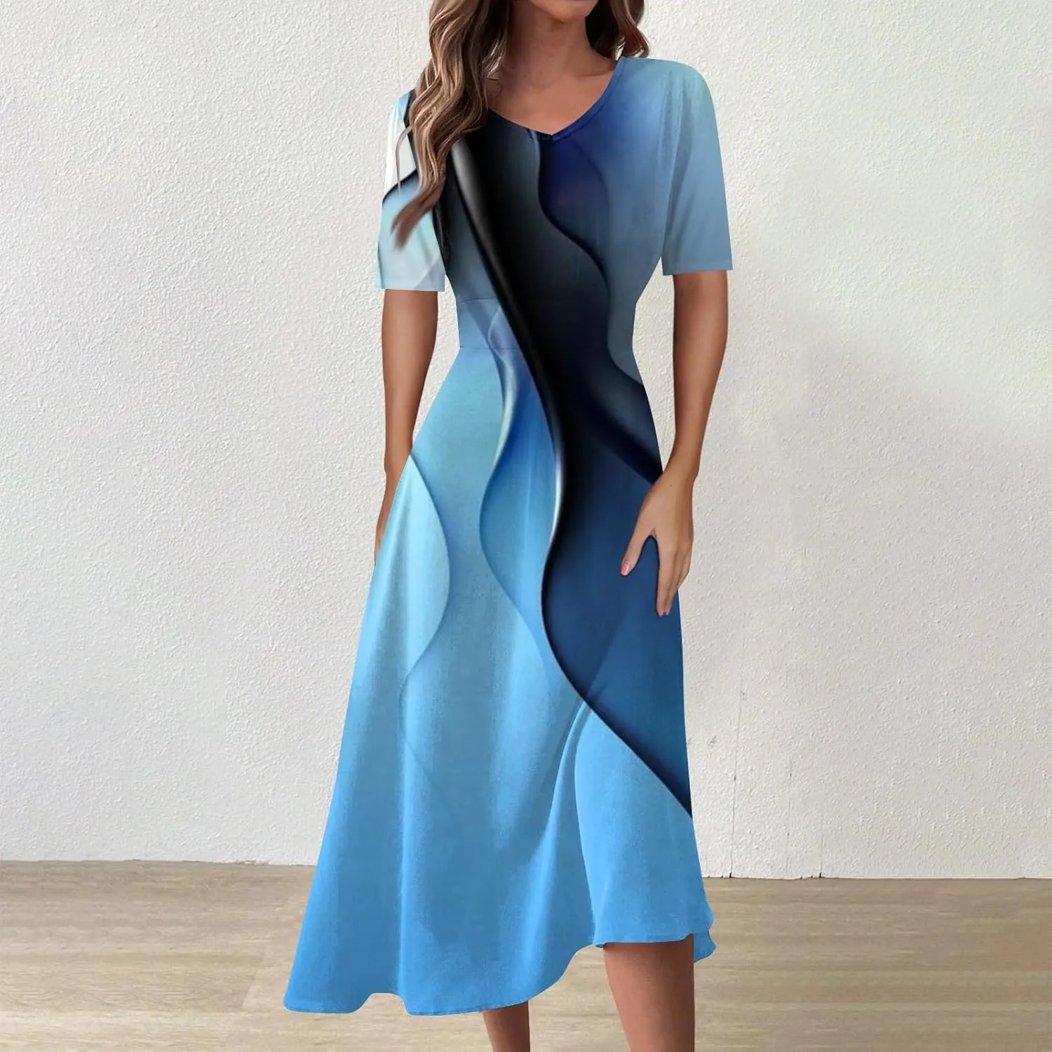 Beach Dresses for Women,2024 Summer Elegant Bodycon V Neck Short Sleeve Maxi Dress,Flowy Pleated Vacation Boho Dress