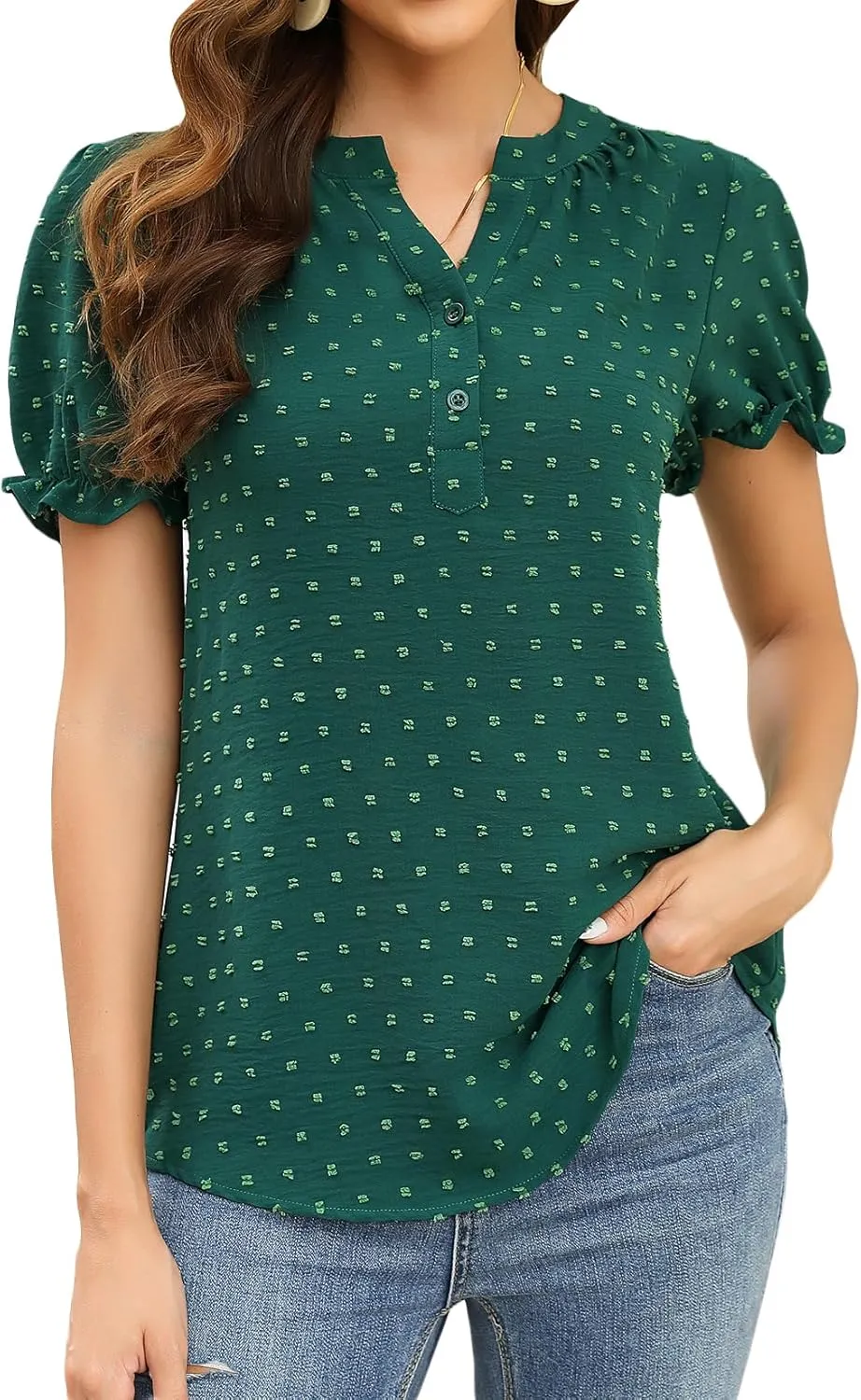 BeautyNee Women's Casual V Neck T Shirt Loose Puff Short Sleeve Tops Botton Down Ruffle Tunic Blouses