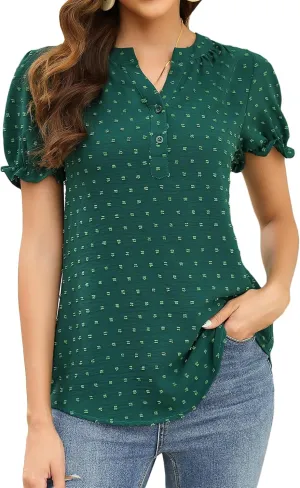 BeautyNee Women's Casual V Neck T Shirt Loose Puff Short Sleeve Tops Botton Down Ruffle Tunic Blouses