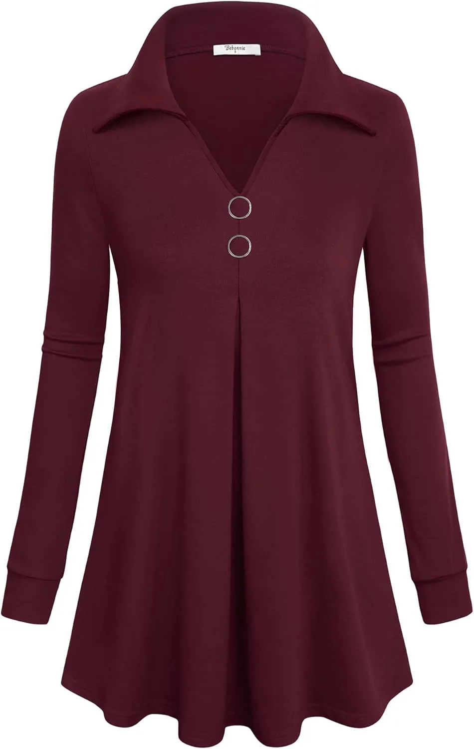 Bebonnie Womens Long Sleeve Casual Lapel V Neck Pullover Tunic Blouse Tops with Buttons