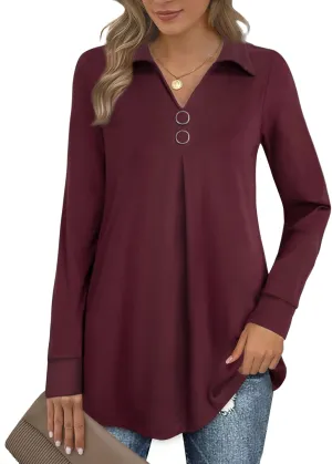 Bebonnie Womens Long Sleeve Casual Lapel V Neck Pullover Tunic Blouse Tops with Buttons