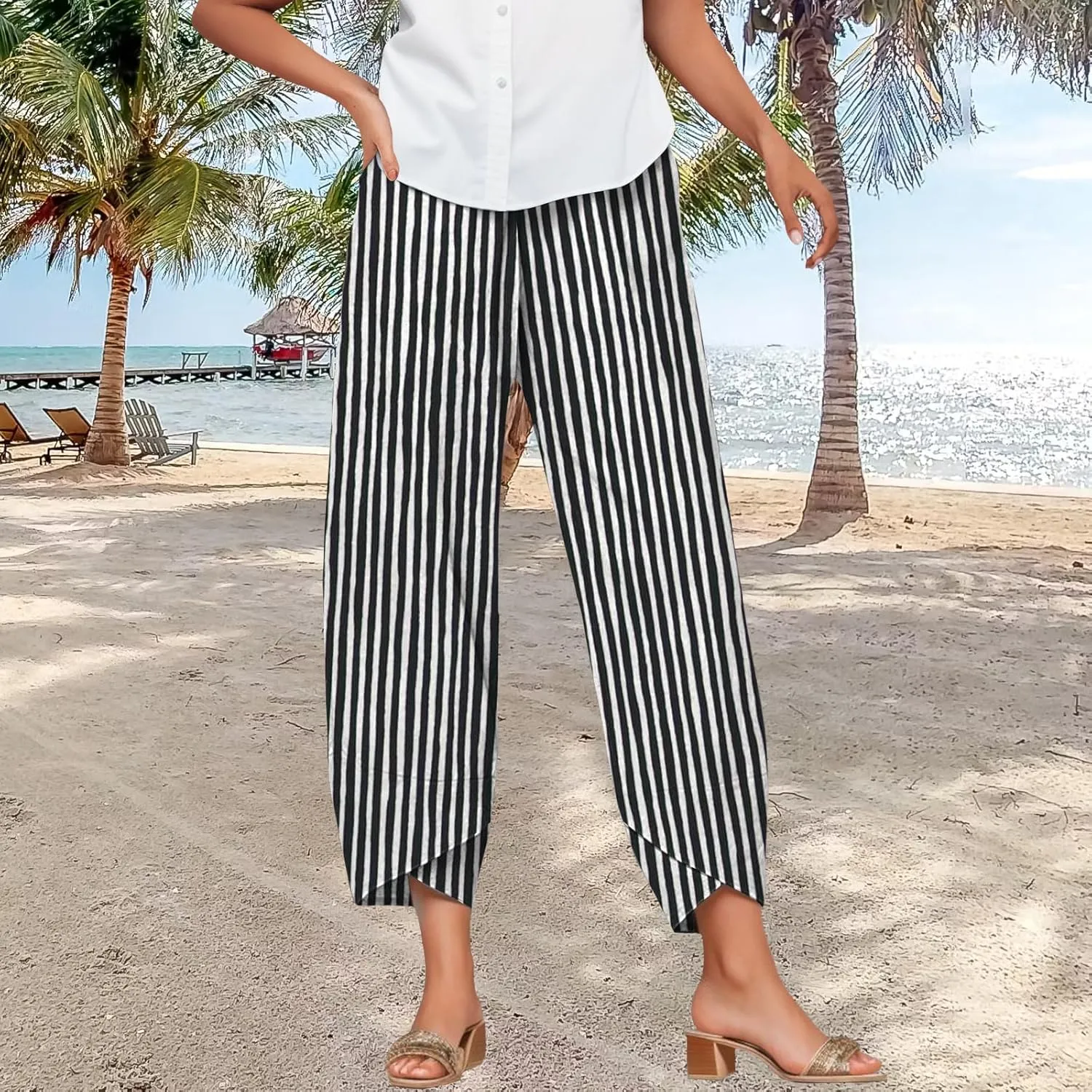 Bengbobar Linen Capris for Women Wide Leg Sweatpants Casual Petite Stripe Pants Baggy Palazzo Cropped Summer Beach Trousers
