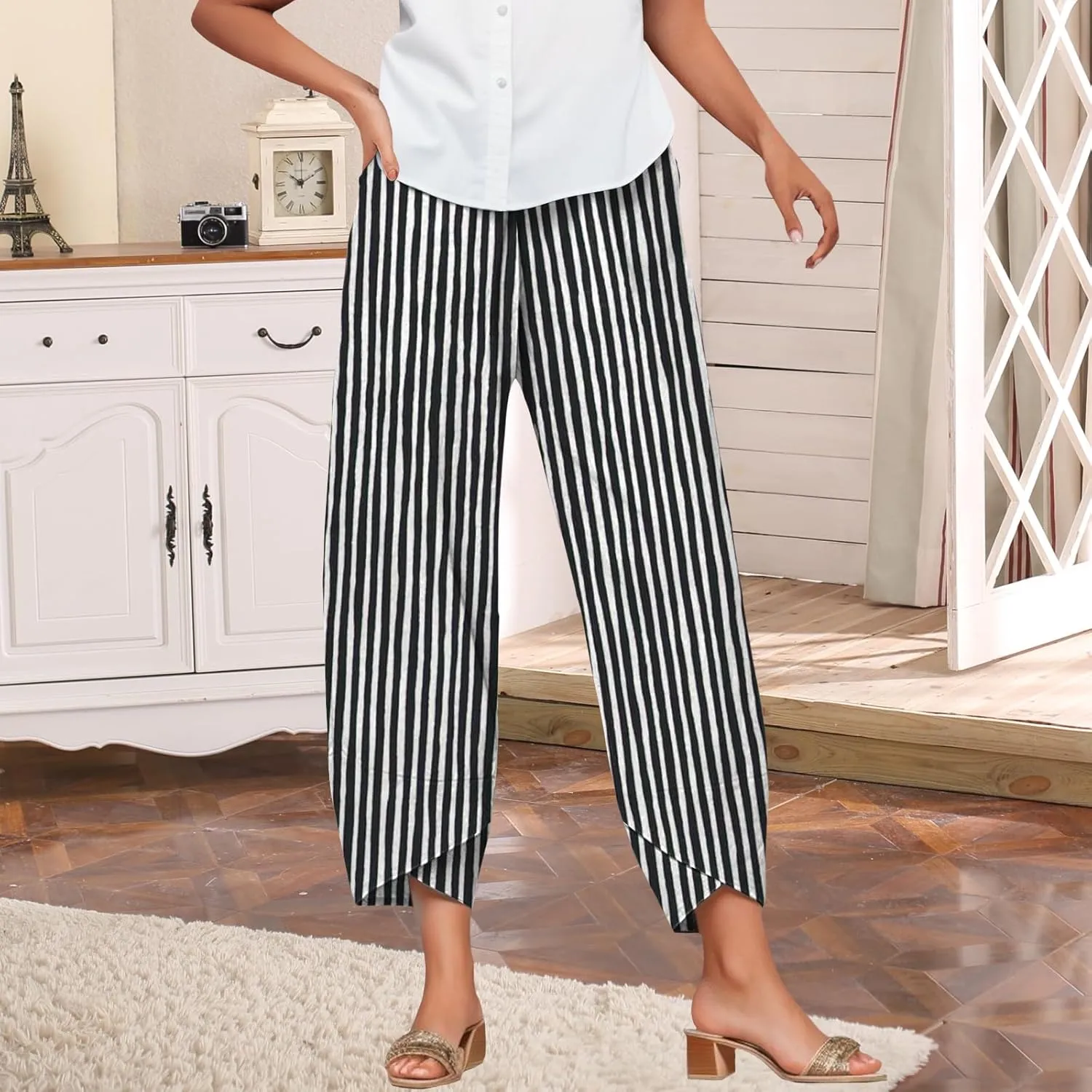 Bengbobar Linen Capris for Women Wide Leg Sweatpants Casual Petite Stripe Pants Baggy Palazzo Cropped Summer Beach Trousers