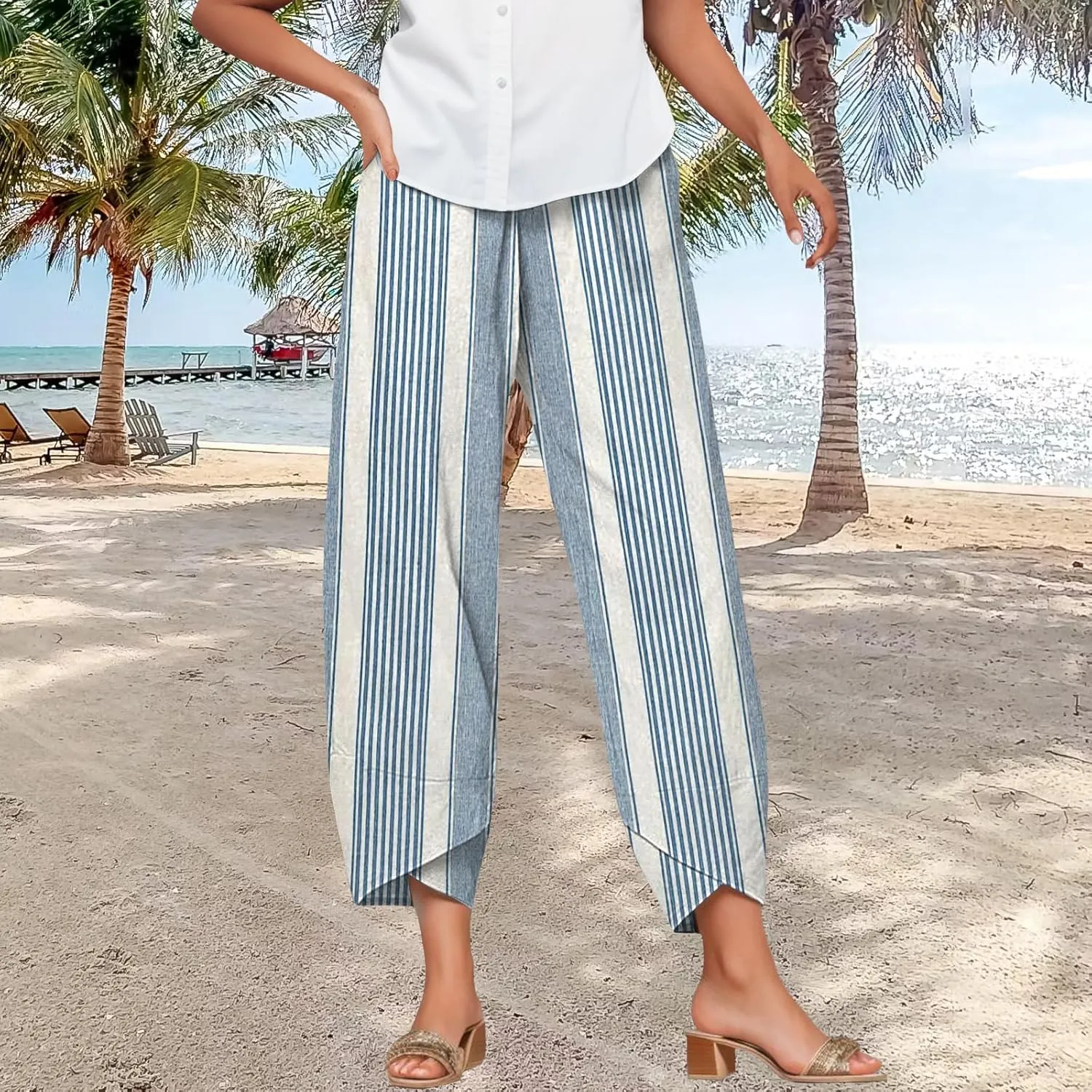 Bengbobar Linen Capris for Women Wide Leg Sweatpants Casual Petite Stripe Pants Baggy Palazzo Cropped Summer Beach Trousers