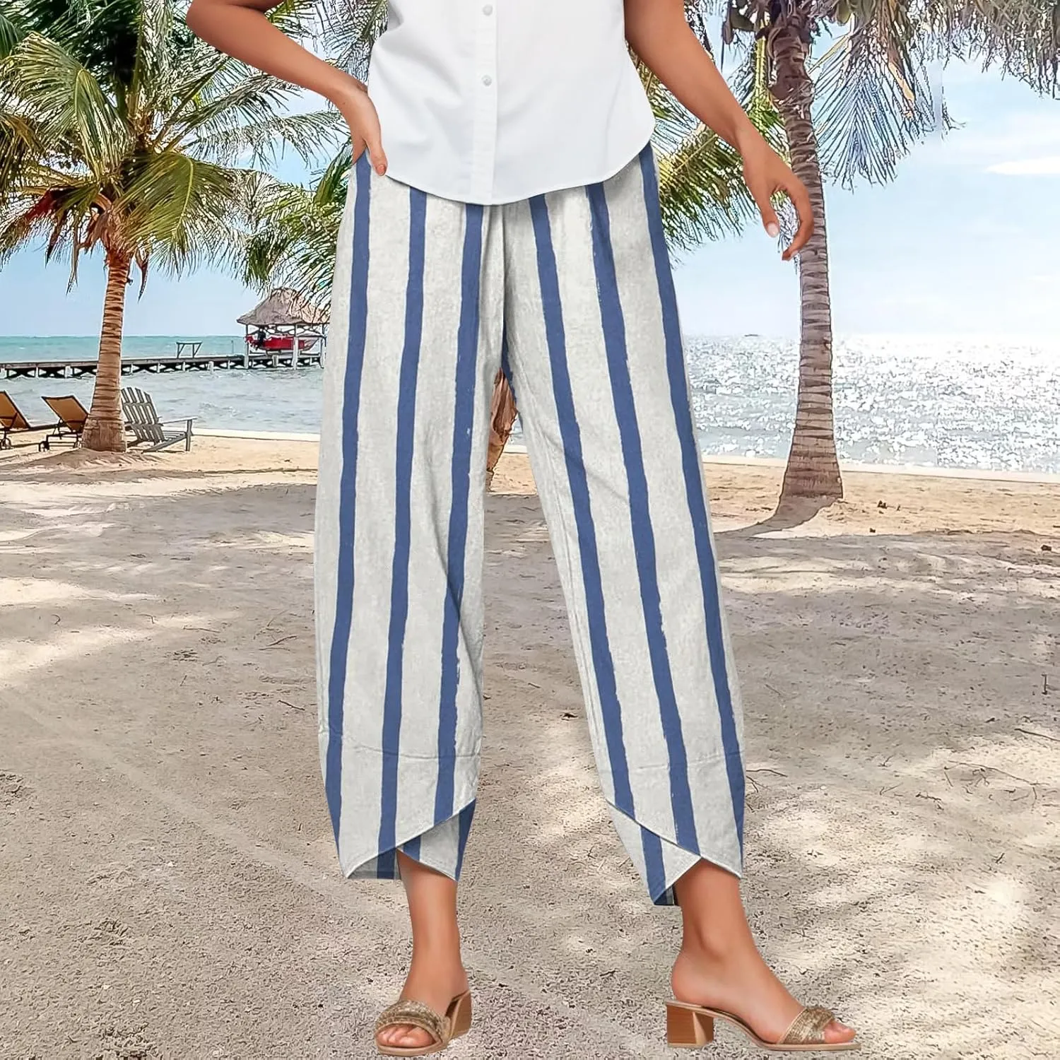 Bengbobar Linen Capris for Women Wide Leg Sweatpants Casual Petite Stripe Pants Baggy Palazzo Cropped Summer Beach Trousers