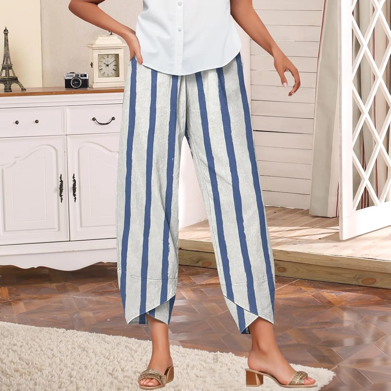Bengbobar Linen Capris for Women Wide Leg Sweatpants Casual Petite Stripe Pants Baggy Palazzo Cropped Summer Beach Trousers