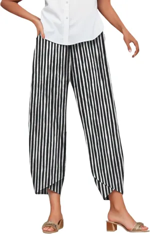 Bengbobar Linen Capris for Women Wide Leg Sweatpants Casual Petite Stripe Pants Baggy Palazzo Cropped Summer Beach Trousers