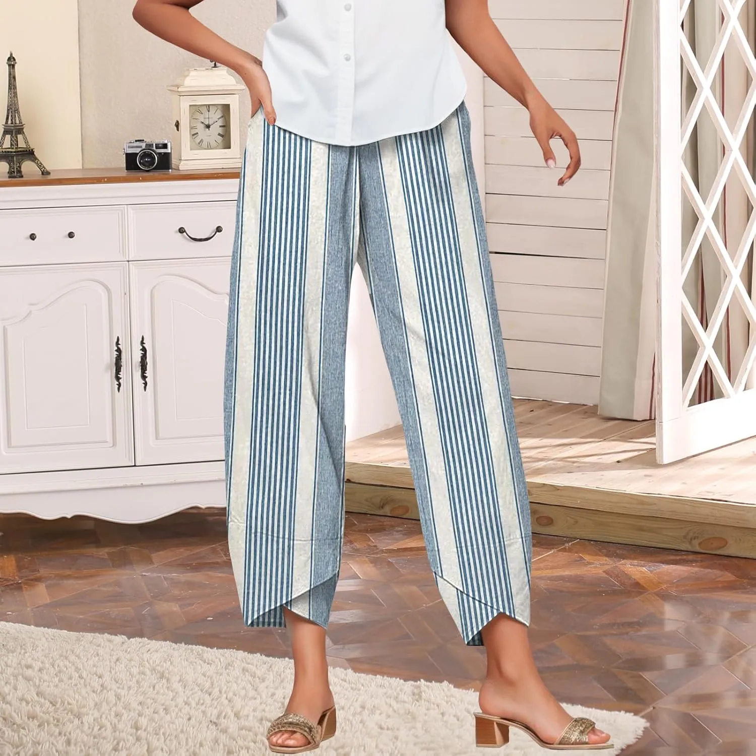 Bengbobar Linen Capris for Women Wide Leg Sweatpants Casual Petite Stripe Pants Baggy Palazzo Cropped Summer Beach Trousers