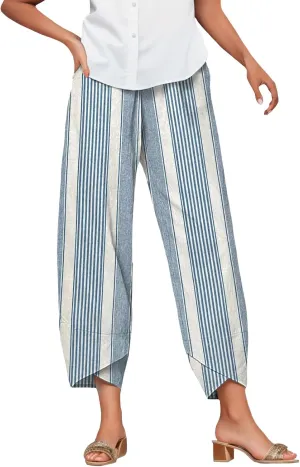 Bengbobar Linen Capris for Women Wide Leg Sweatpants Casual Petite Stripe Pants Baggy Palazzo Cropped Summer Beach Trousers