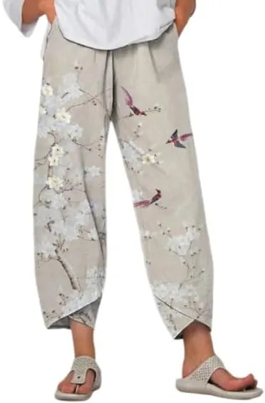 Bengbobar Linen Pants Women Wide Leg Sweatpants Casual Capri Pants Baggy Trousers Palazzo Pants Cropped Summer Trousers