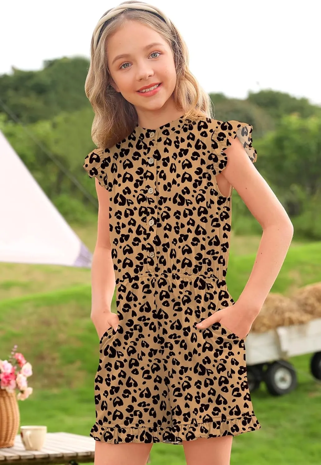 BesserBay Girl's Summer Ruffled Flutter-Sleeve Jumpsuit Button Down Crewneck Romper 5-14 Years