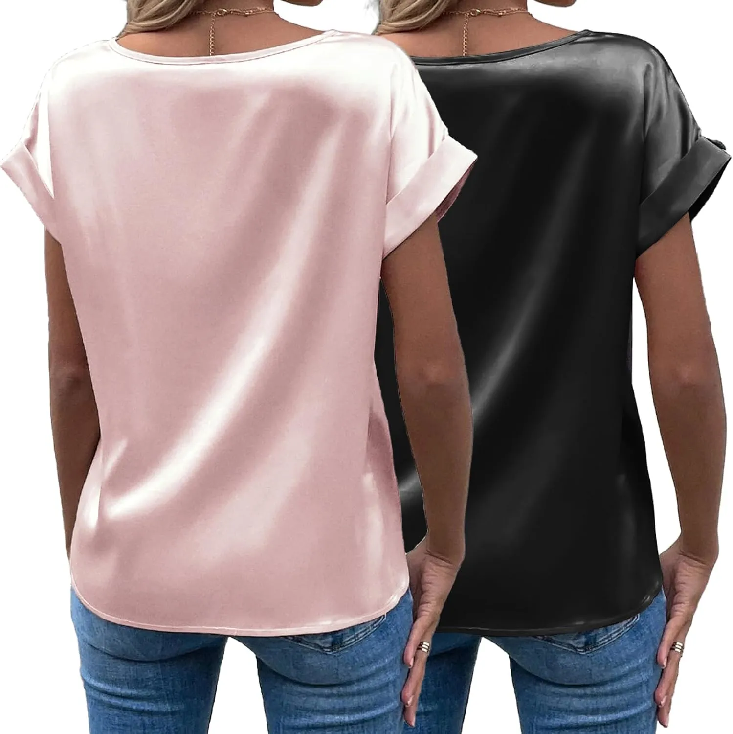 Beyove Women's Short Sleeve Pullover Blouses Satin Silk Shirts Casual Loose Elegant Work Tunic Tops