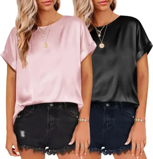 Beyove Women's Short Sleeve Pullover Blouses Satin Silk Shirts Casual Loose Elegant Work Tunic Tops