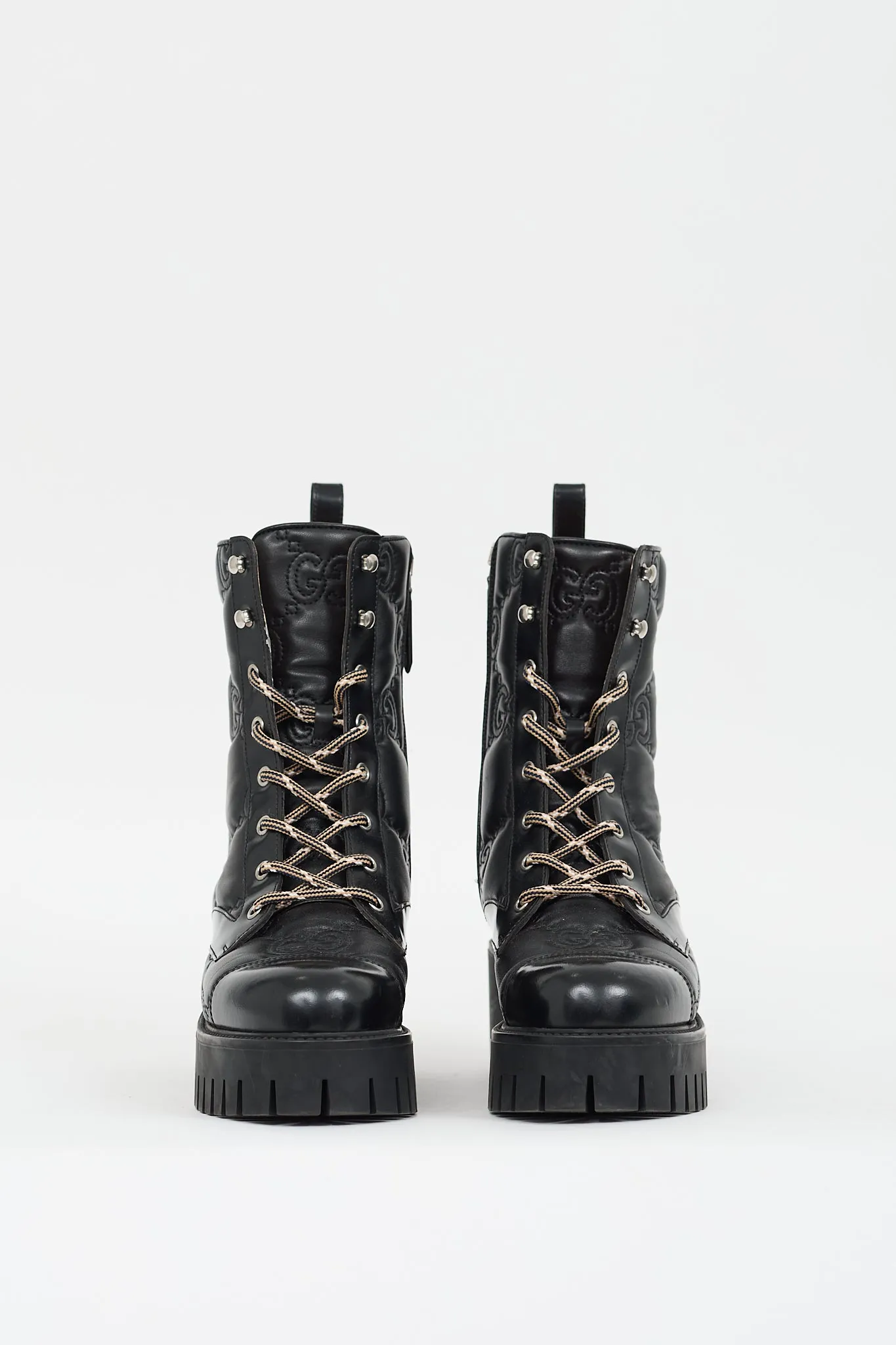 Black Leather GG Matelassé Lace Up Boot