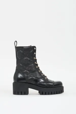 Black Leather GG Matelassé Lace Up Boot