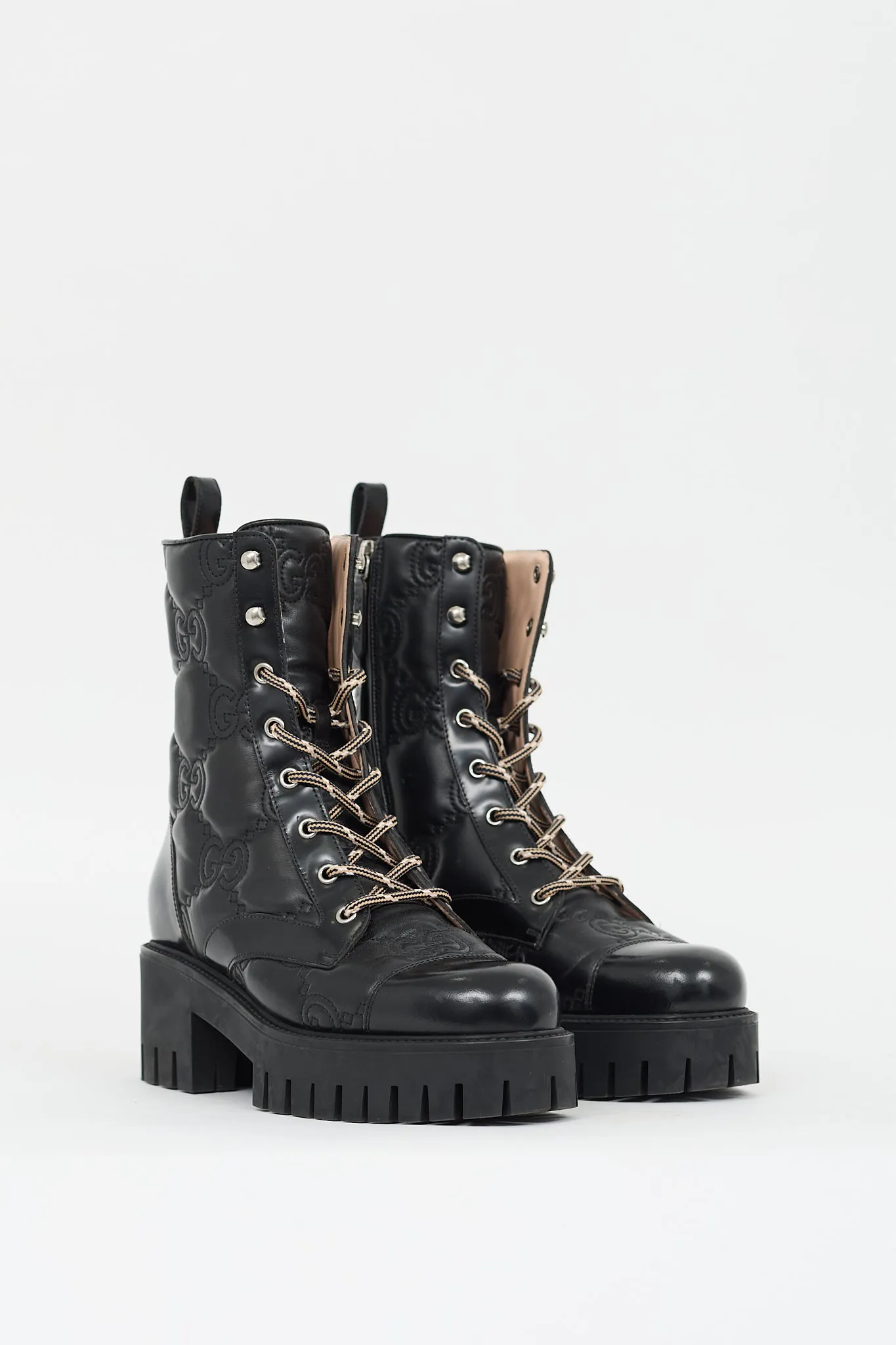 Black Leather GG Matelassé Lace Up Boot