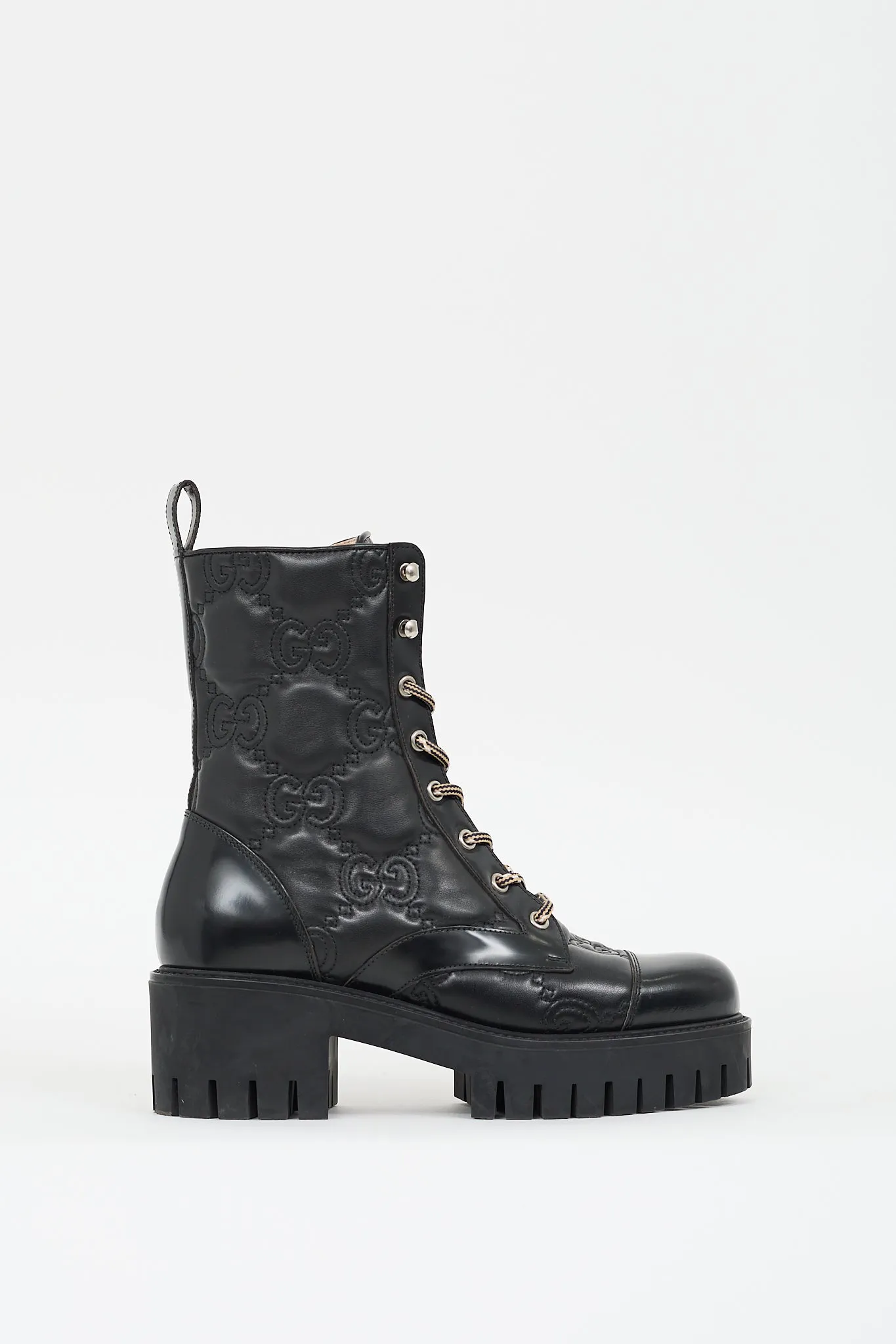 Black Leather GG Matelassé Lace Up Boot