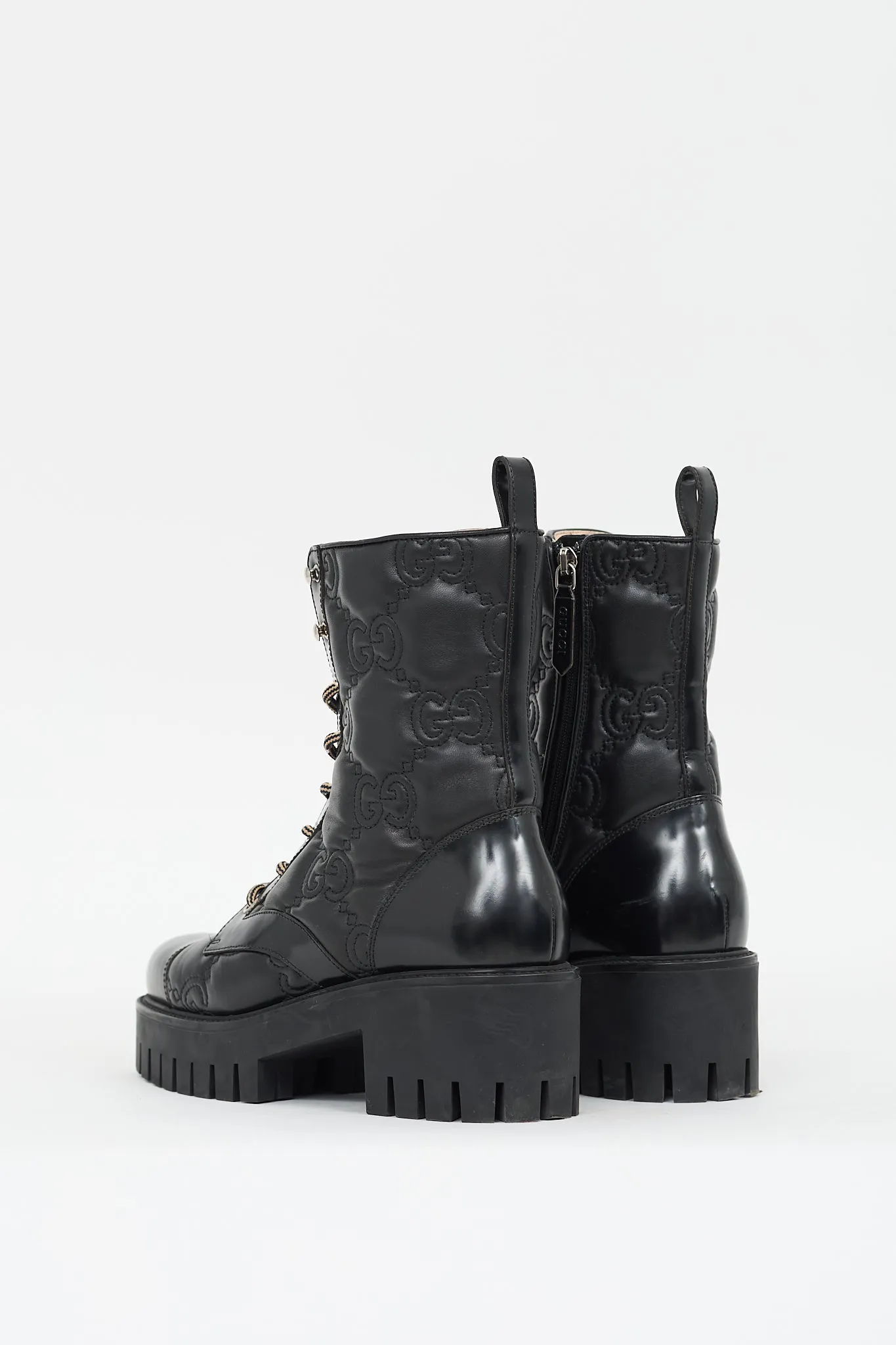 Black Leather GG Matelassé Lace Up Boot