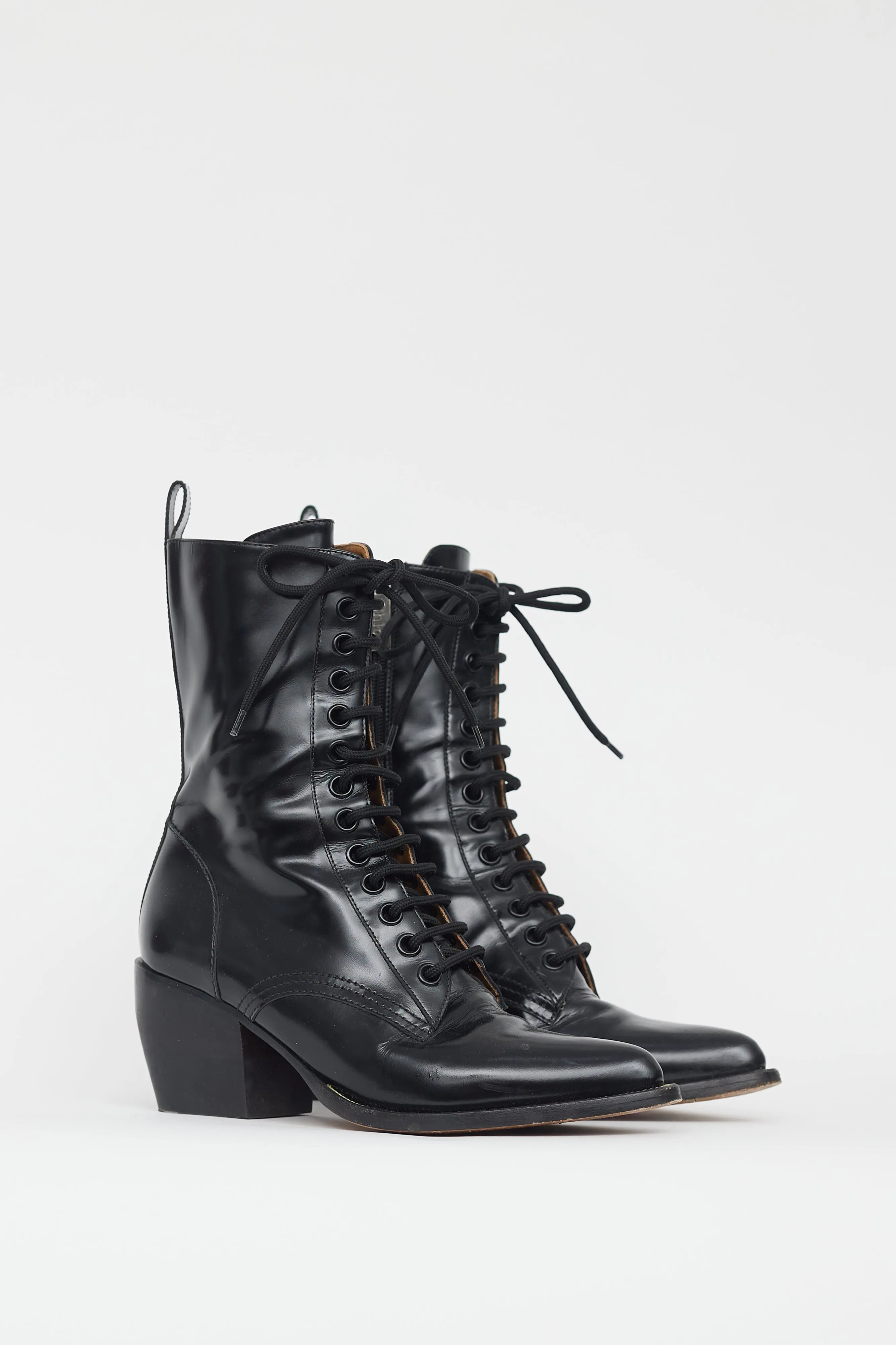Black Leather Heeled Combat Boot