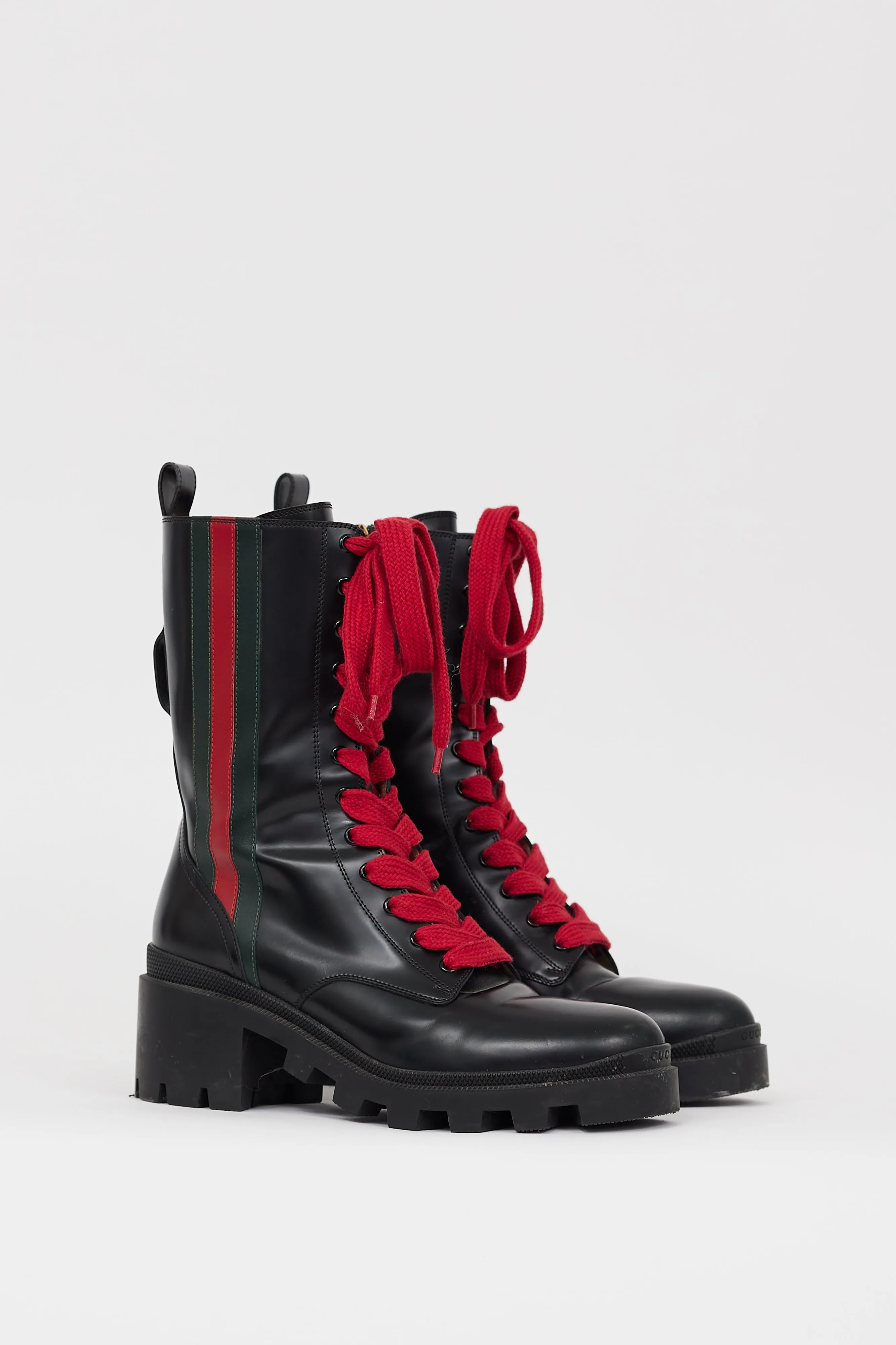 Black Leather Web Stripe Combat Boot