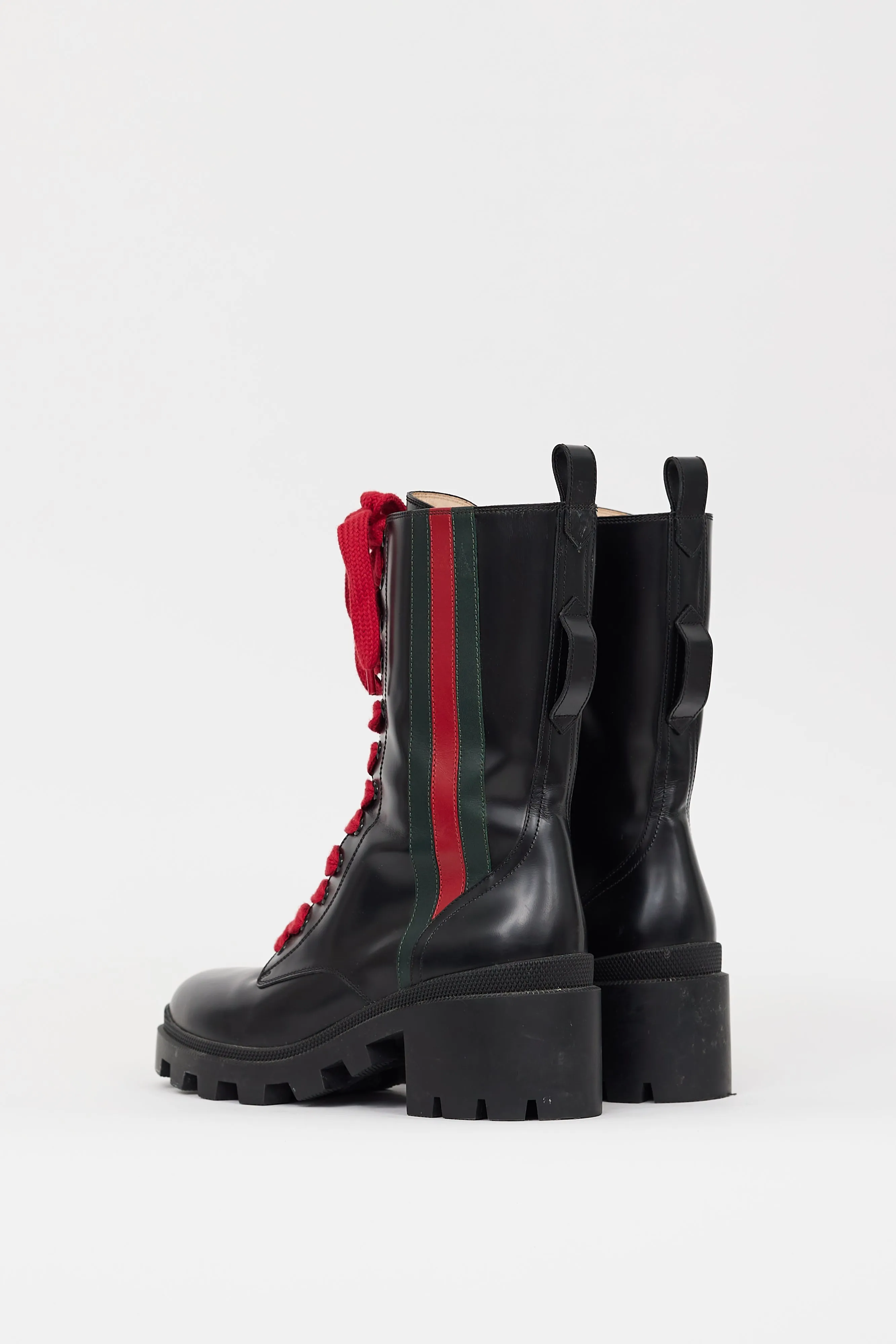 Black Leather Web Stripe Combat Boot
