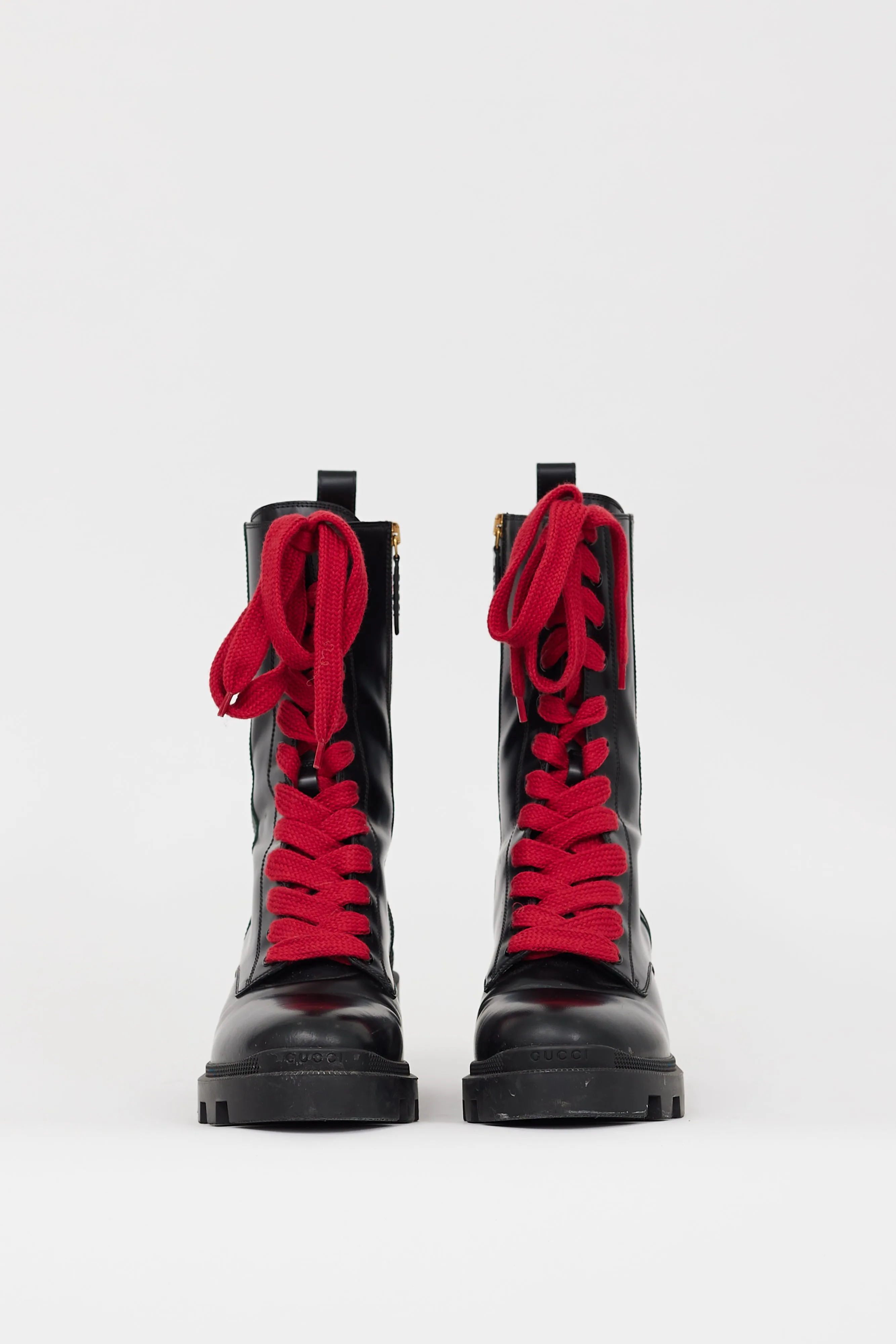 Black Leather Web Stripe Combat Boot