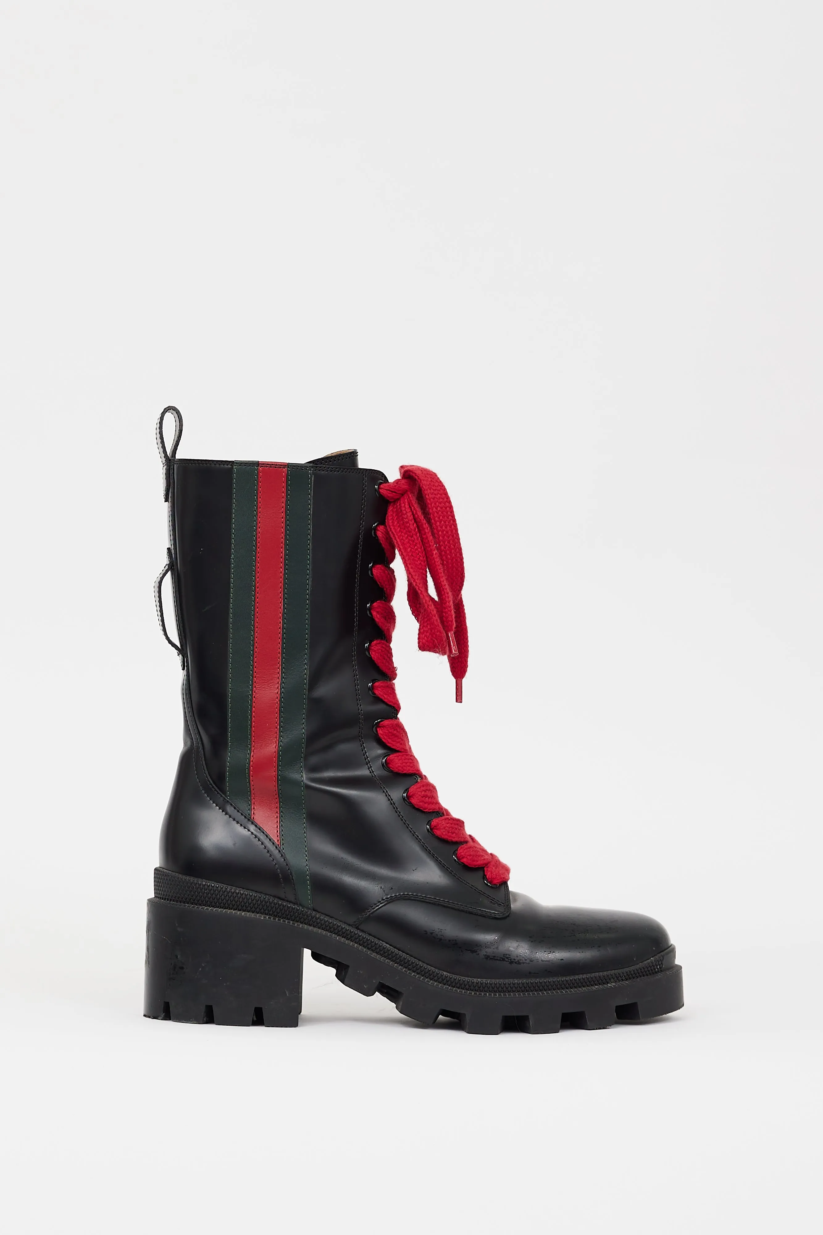 Black Leather Web Stripe Combat Boot