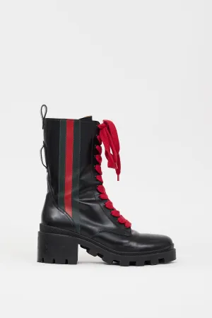 Black Leather Web Stripe Combat Boot