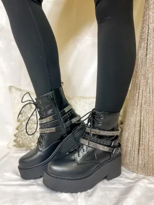 Black Studded Buckle Combat Boot