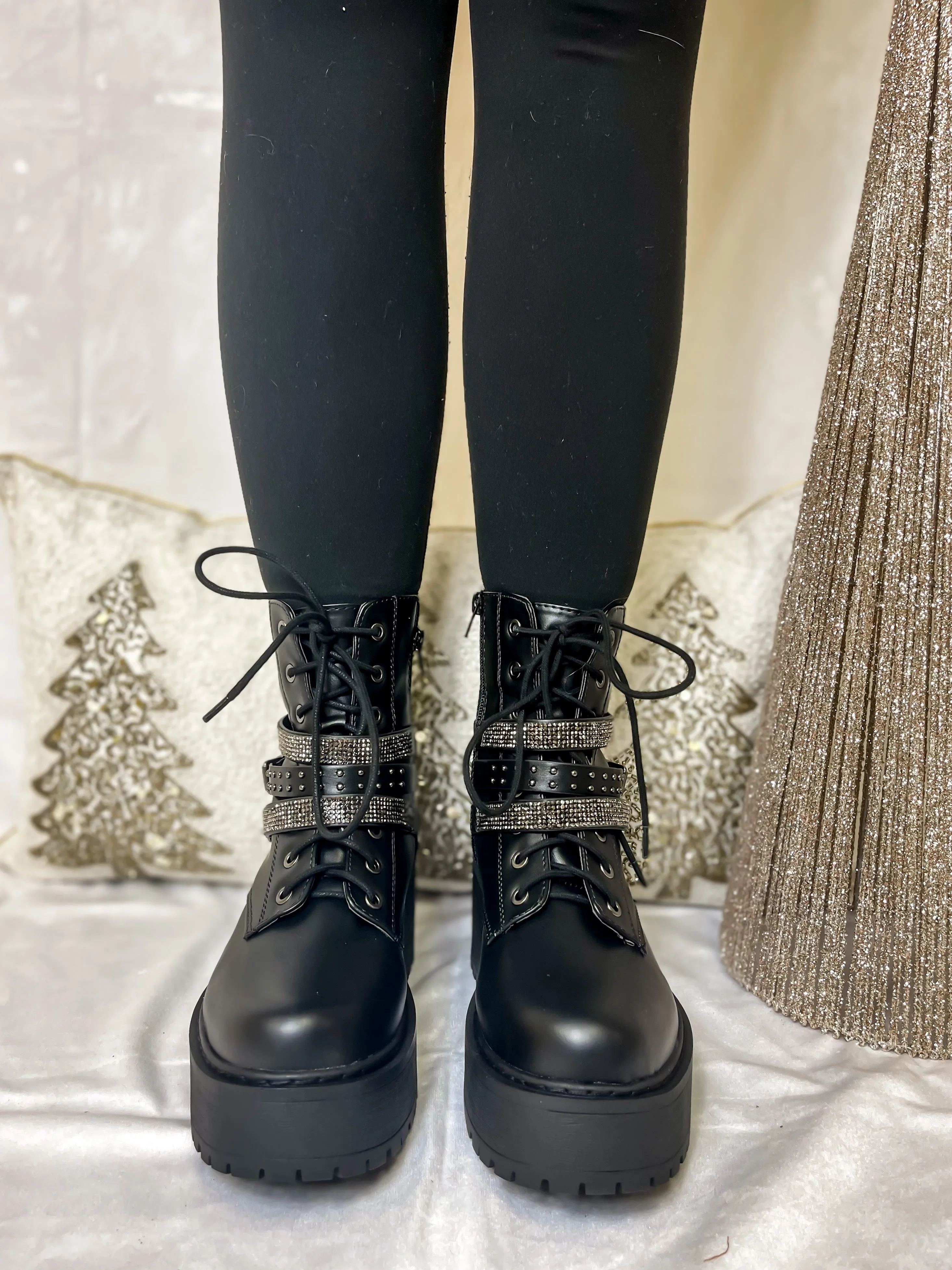 Black Studded Buckle Combat Boot