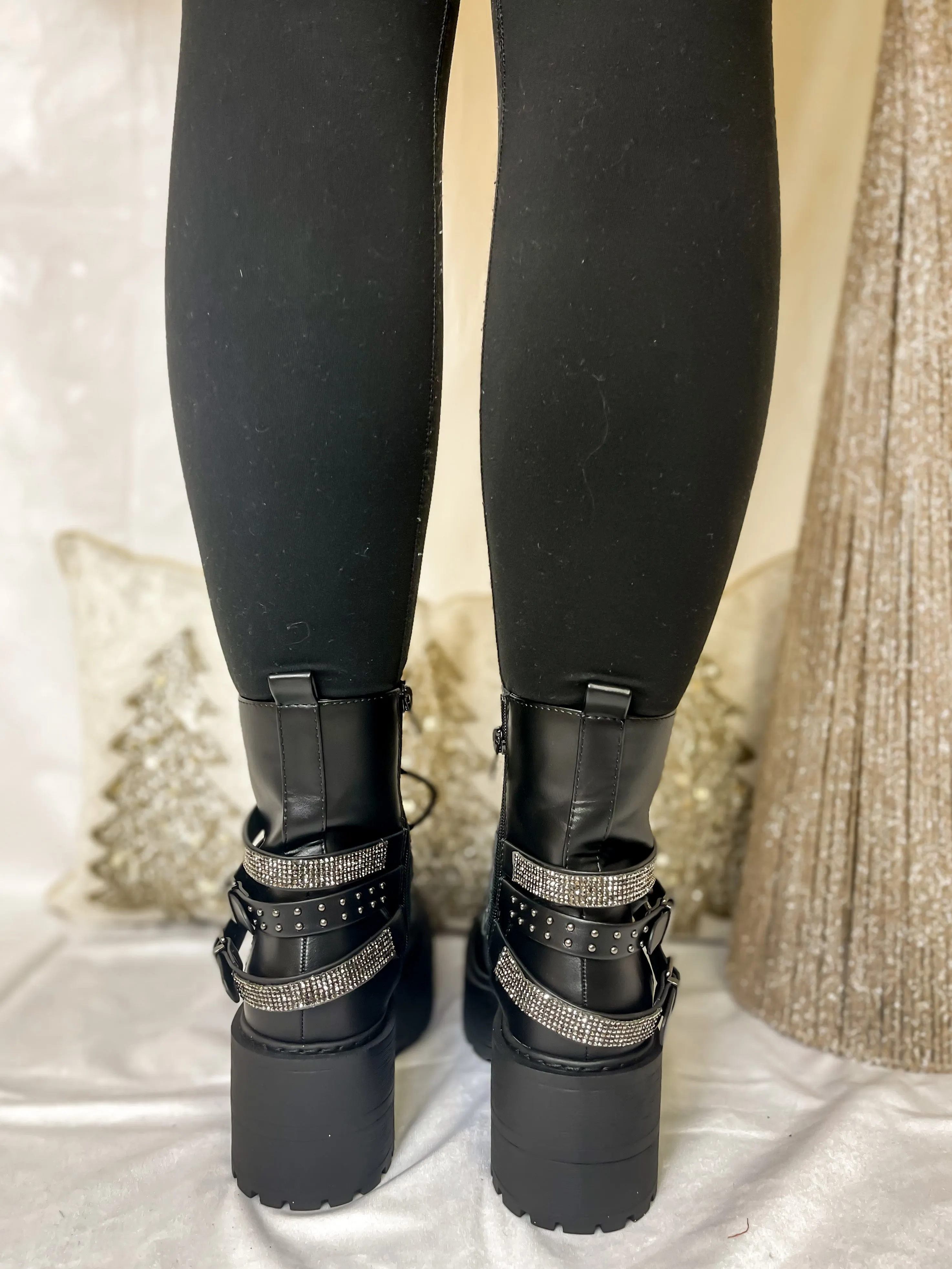 Black Studded Buckle Combat Boot