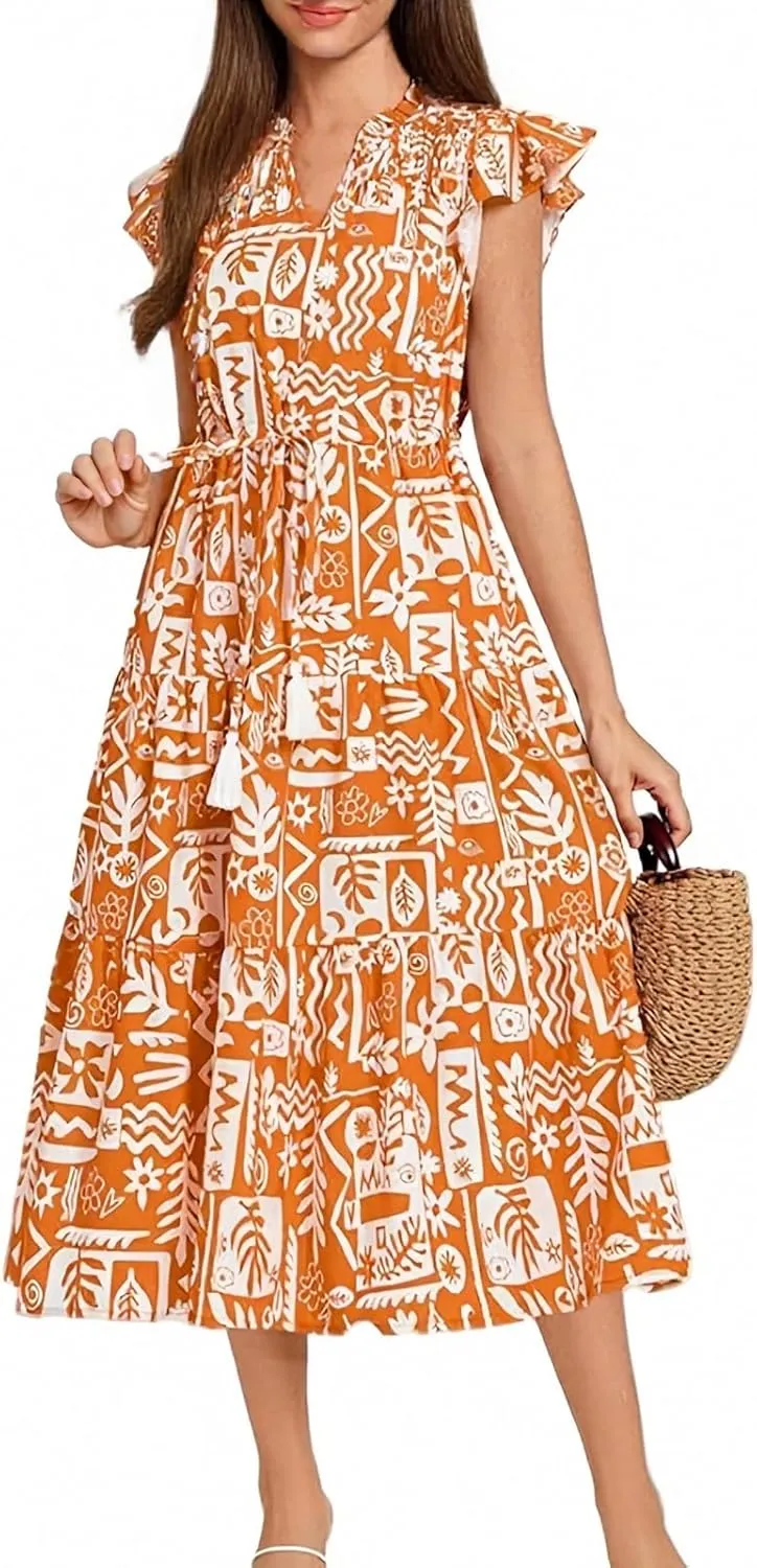 Boho Dresses for Women,2025 Summer Trendy Floral Beach Vacation Dress,Elegant V Neck Cap Sleeve Flowy Midi Dress