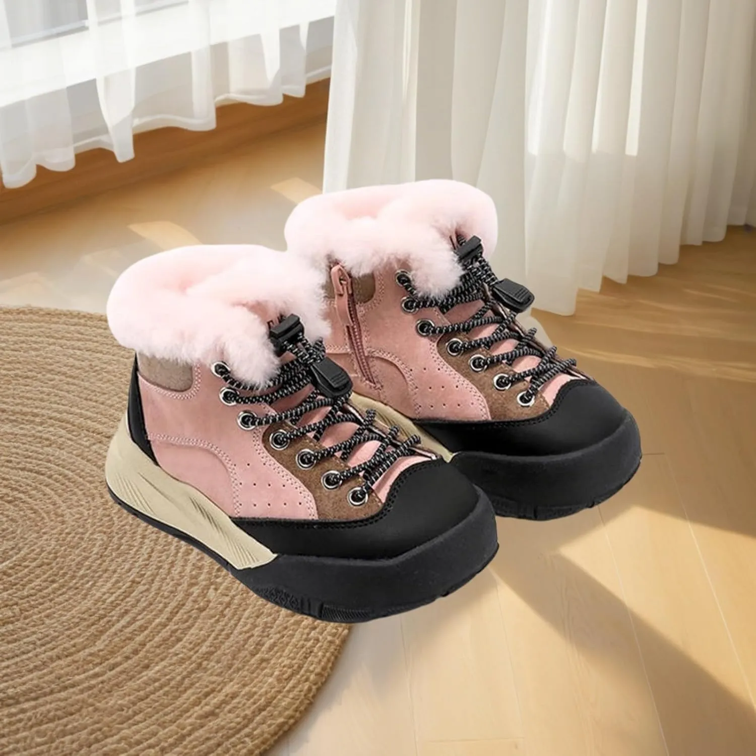 Boys Kids Snow Fuzzy Booties Lace-Up Thick Non Slip Ski Shoes Childrens Ankle Warm Comfy Fashion Shoes Chunky Sole