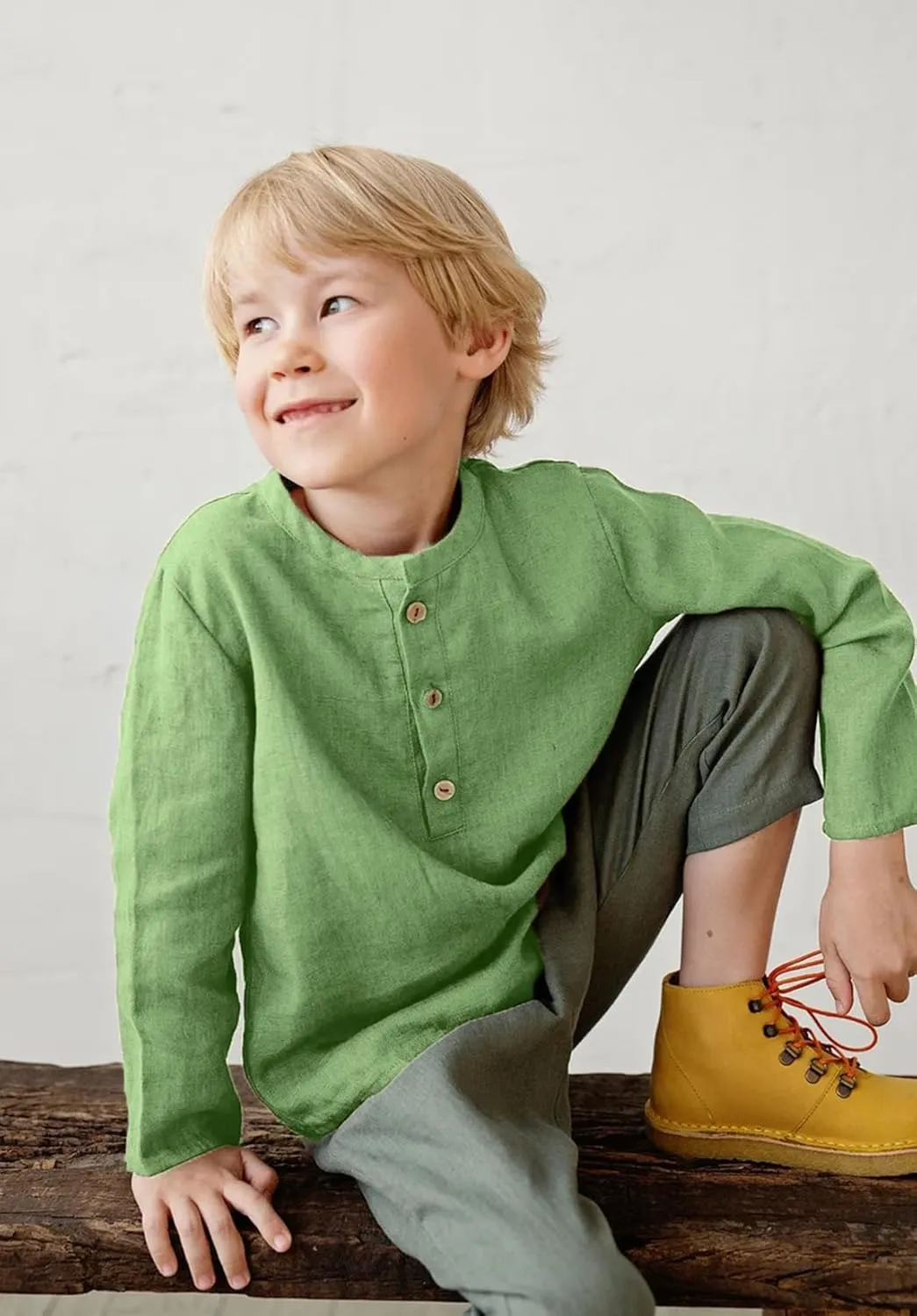 Boys Linen Henley Shirt for Kids Button Down Long Sleeve Dress Shirts Summer Beach Casual T Shirt