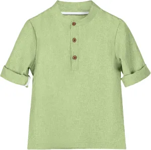 Boys Linen Henley Shirt for Kids Button Down Long Sleeve Dress Shirts Summer Beach Casual T Shirt