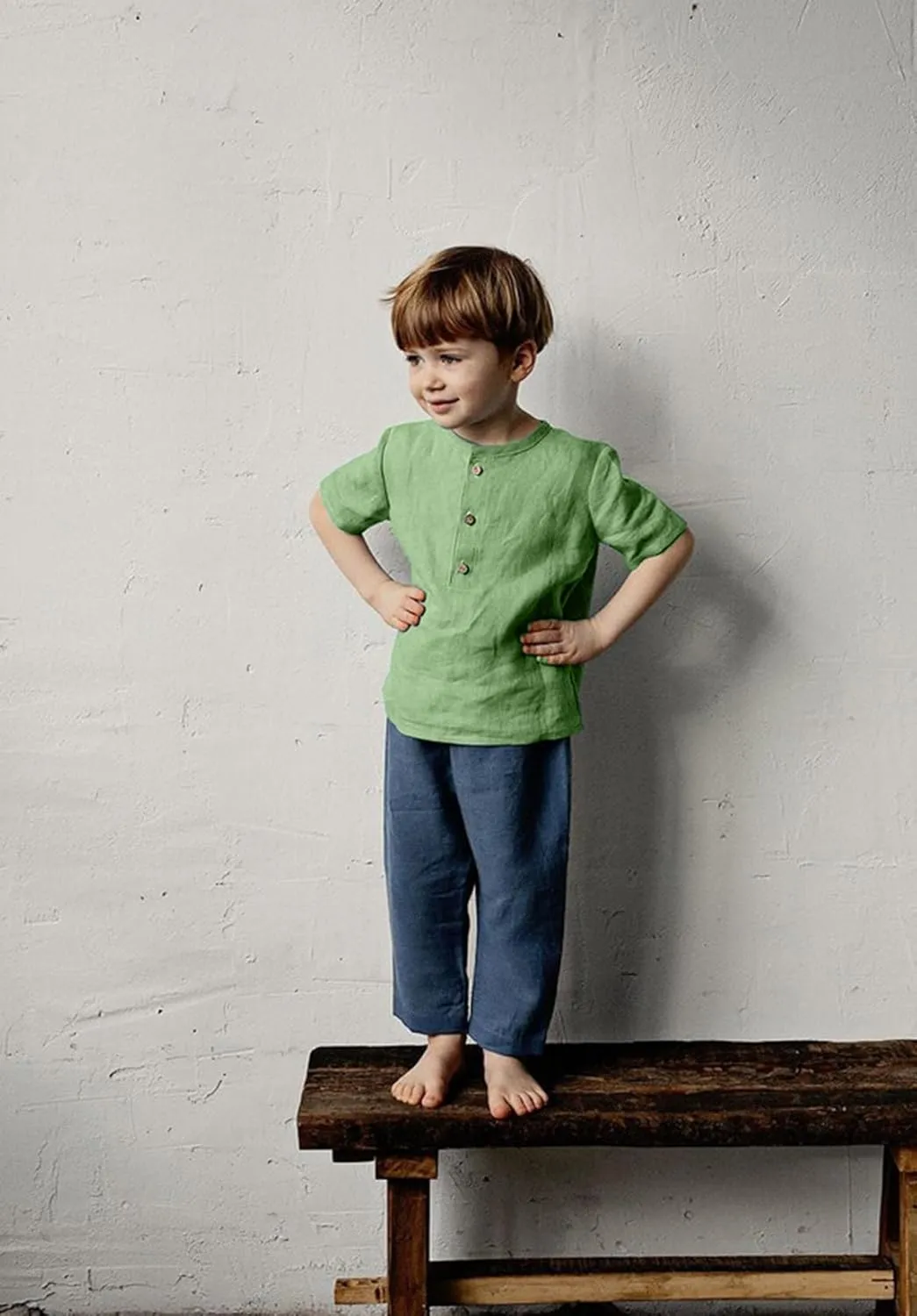 Boys Linen Henley Shirt for Kids Button Down Long Sleeve Dress Shirts Summer Beach Casual T Shirt