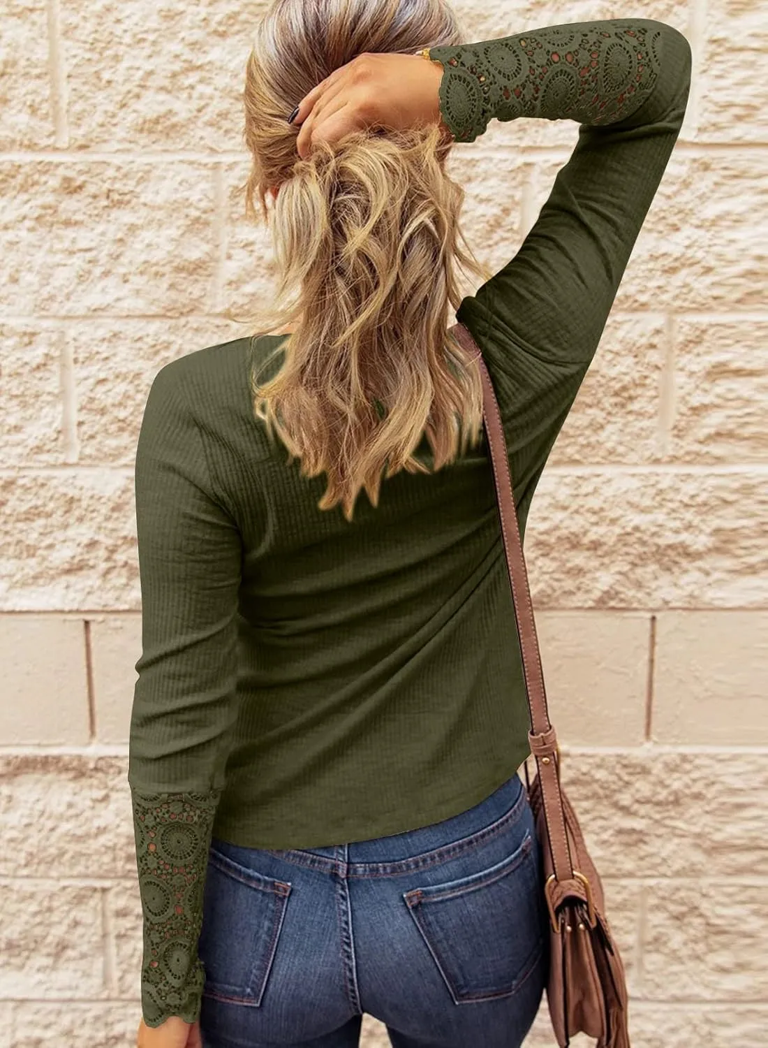 BTFBM Women Long Sleeve Shirts Solid Button V Neck Lace Sleeves Slim Fit Casual Fall Shirts 2025