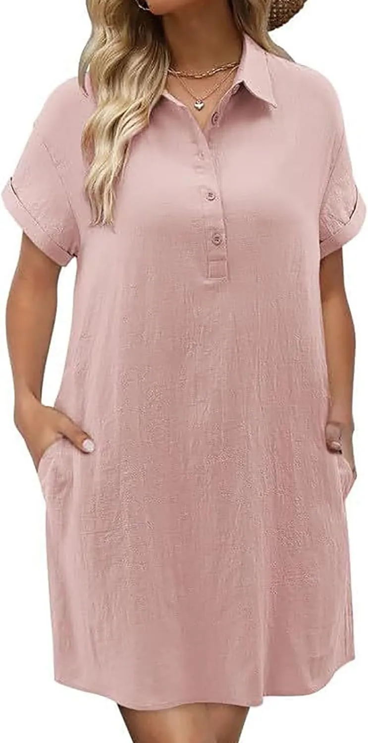 Button Down Dress for Women Cotton Linen Shirt Dress Summer Casual Short Sleeve Beach Cover Up Shirts with Pockets