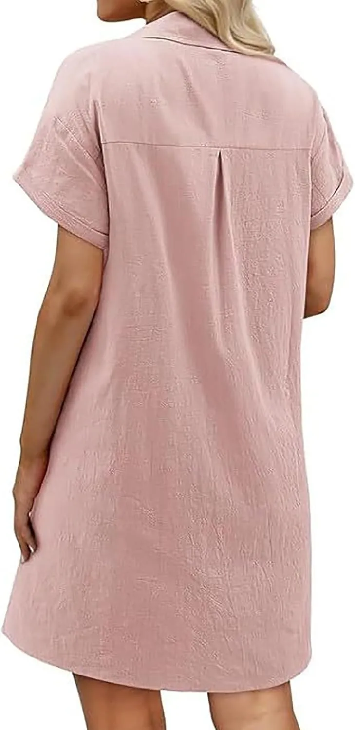 Button Down Dress for Women Cotton Linen Shirt Dress Summer Casual Short Sleeve Beach Cover Up Shirts with Pockets