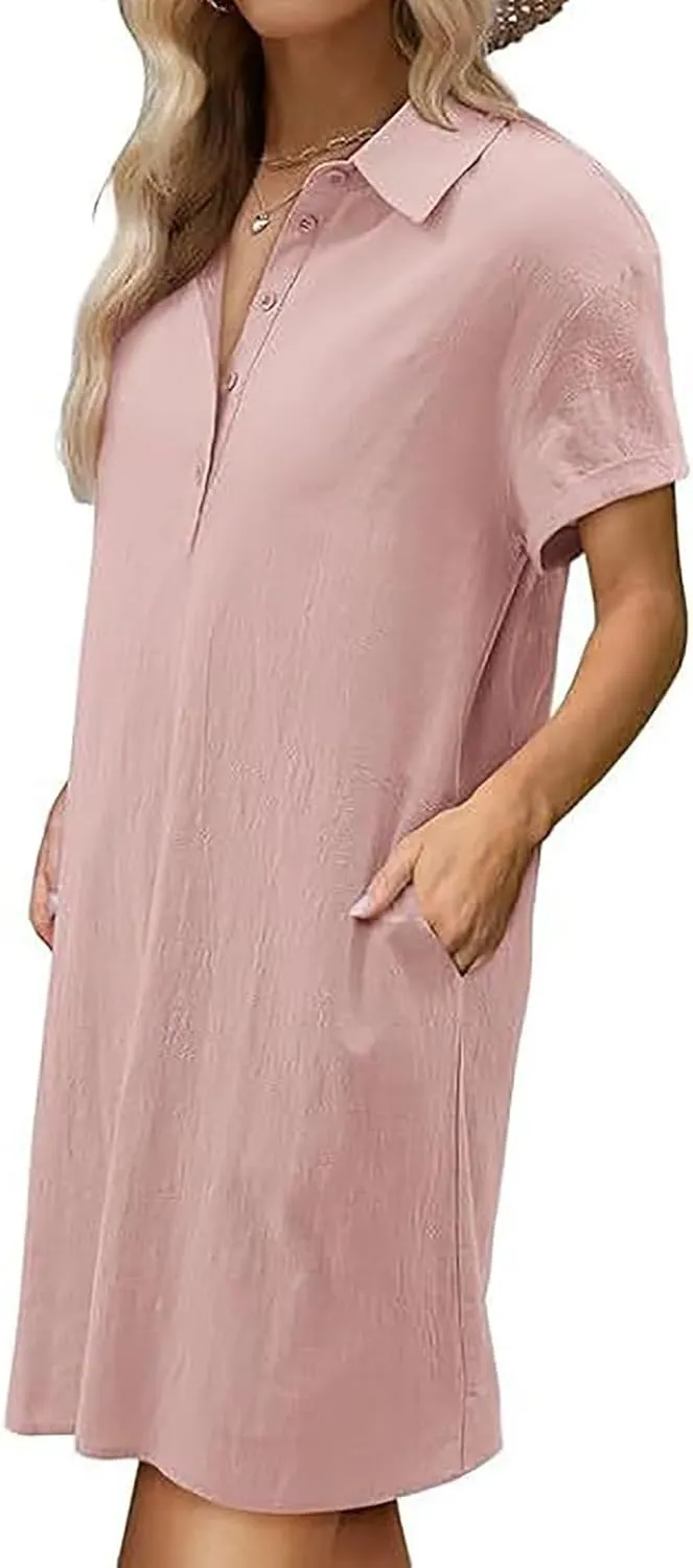 Button Down Dress for Women Cotton Linen Shirt Dress Summer Casual Short Sleeve Beach Cover Up Shirts with Pockets